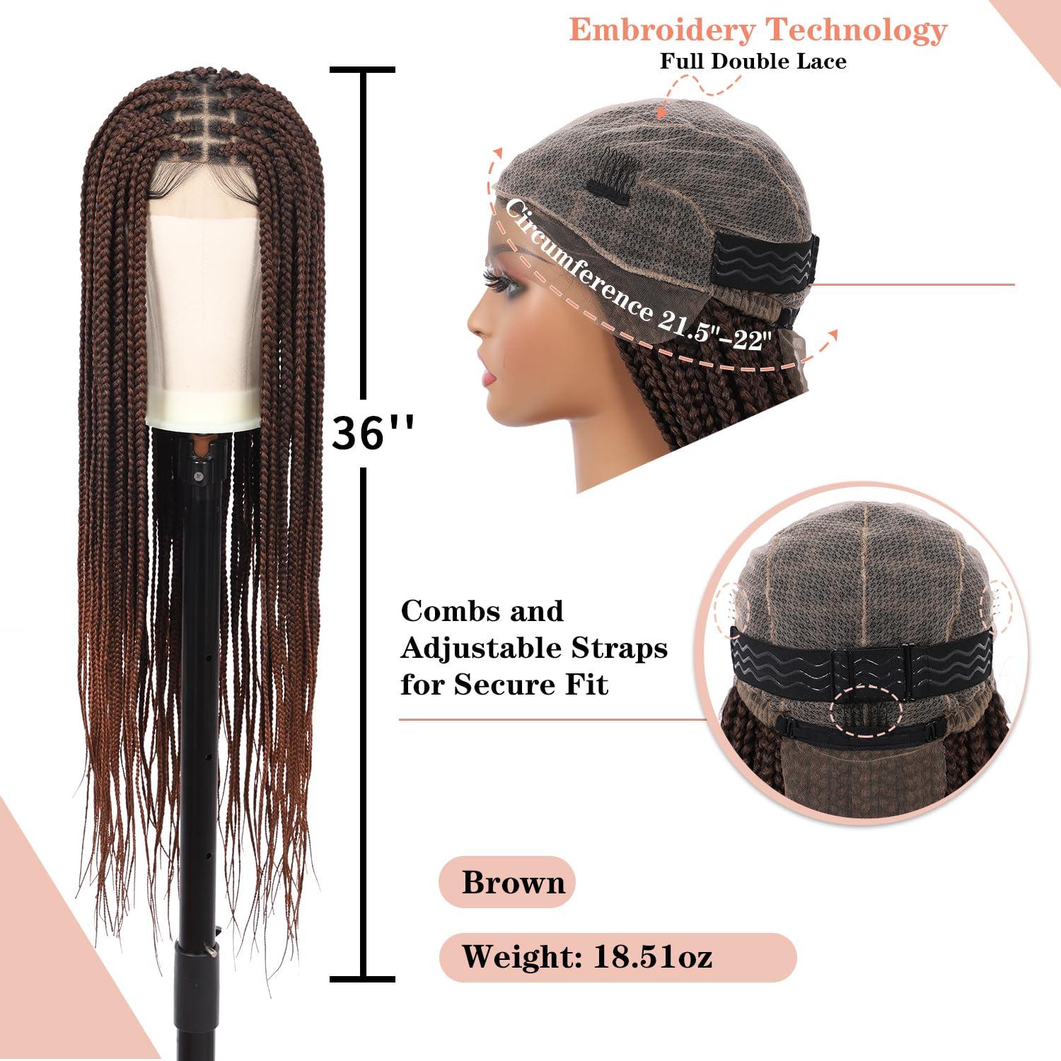 Lexqui Lexqui 36 inch Braided Wigs for Women Square Knotless Braided Lace Front Wigs Full Double Lace Box Braid Wig with Baby Hair Human Hair Blended Braid Wigs Brown