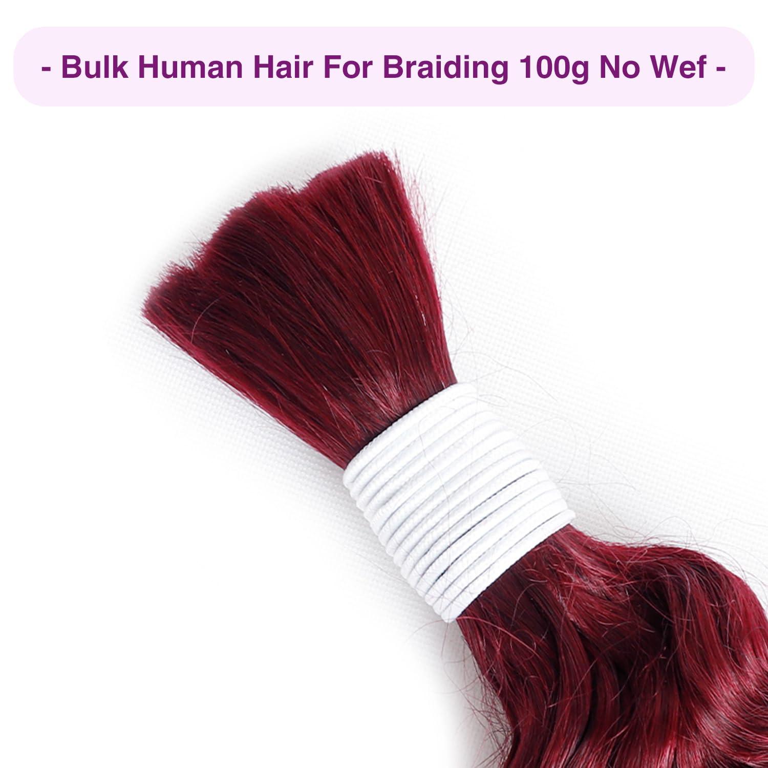 Xagujpo Human Hair Bulk For Braiding 100g/Pack 16 Inch Burgundy Deep Wave Bulk Human Hair For Braiding No Weft 99J Deep Curly Braiding Hair Extensions 100% Human Hair Bulk For Micro Braids Hair