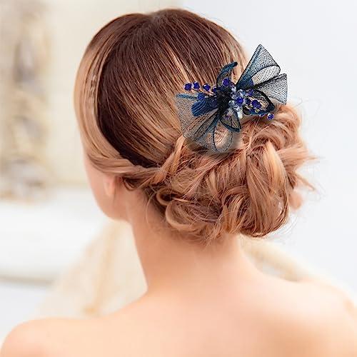 Yokawe Yokawe Flower Hair Barrettes Bride Wedding Hair Clips Blue Crystal Hairpin Floral Prom Hair Accessories for Women Girls (A)