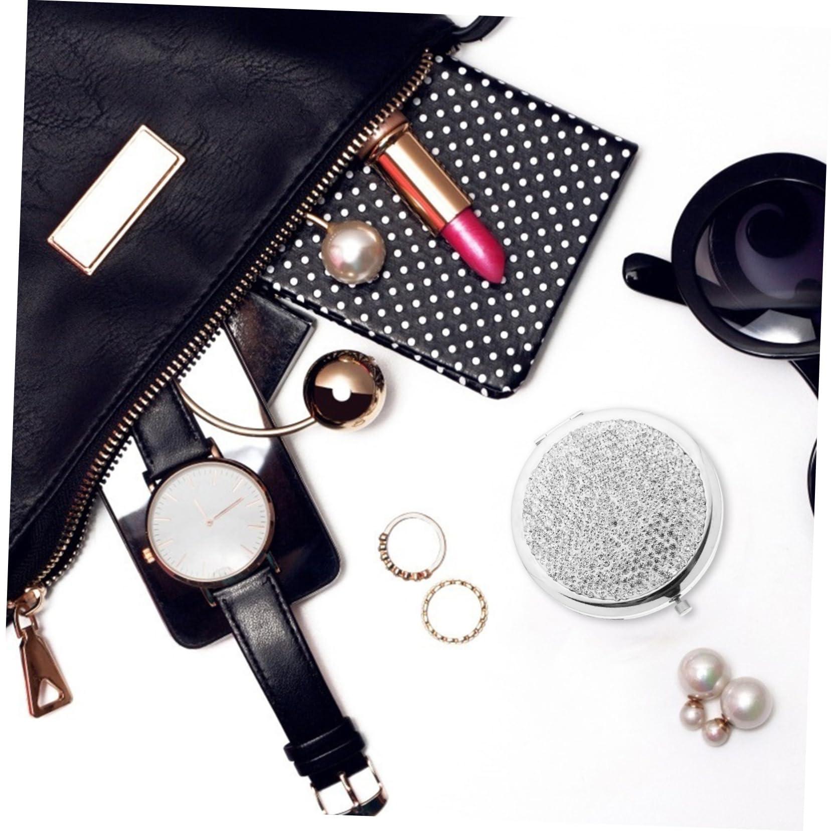 LALAFINA LALAFINA 1pc Bling Compact Mirror Pocket Rhinestone Makeup Mirror Double-Sided Cosmetic Mirror Round Folding Mirror for Women Travel Daily Use, White