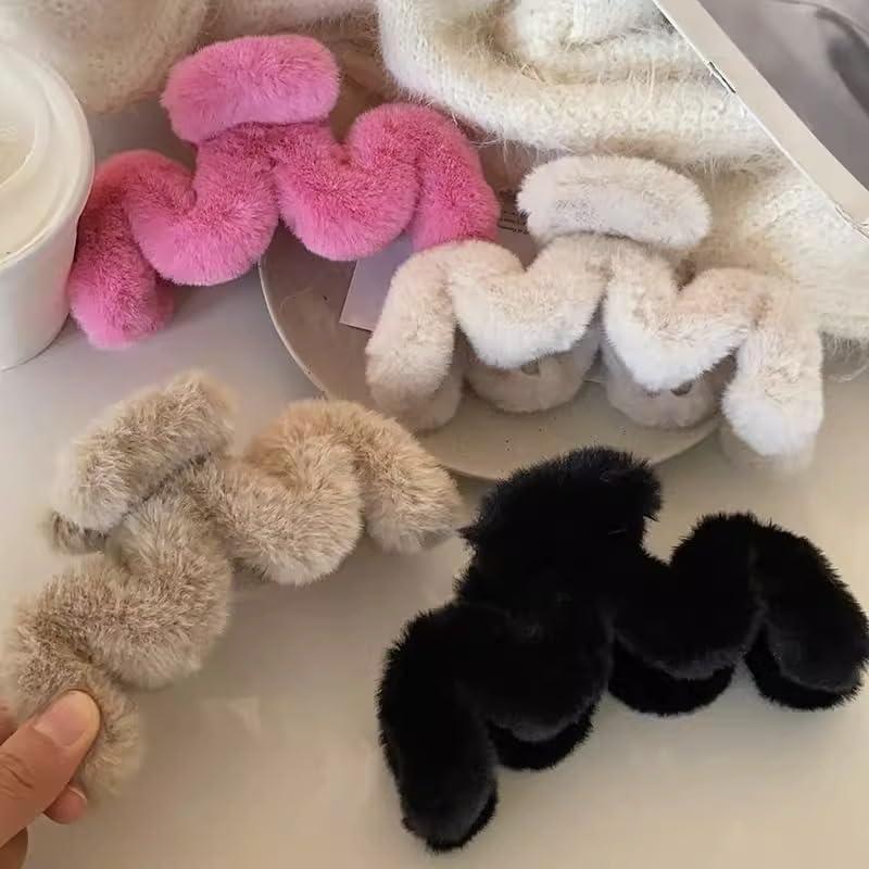 RRRWEI 3pcs 5.1Inches Faux Fur Hair Clips,Large Fuzzy Claw Clip for Thick Thin Hair,Preppy Claw Clips Fluffy Hair Clip for Women Girls (3PC -4)