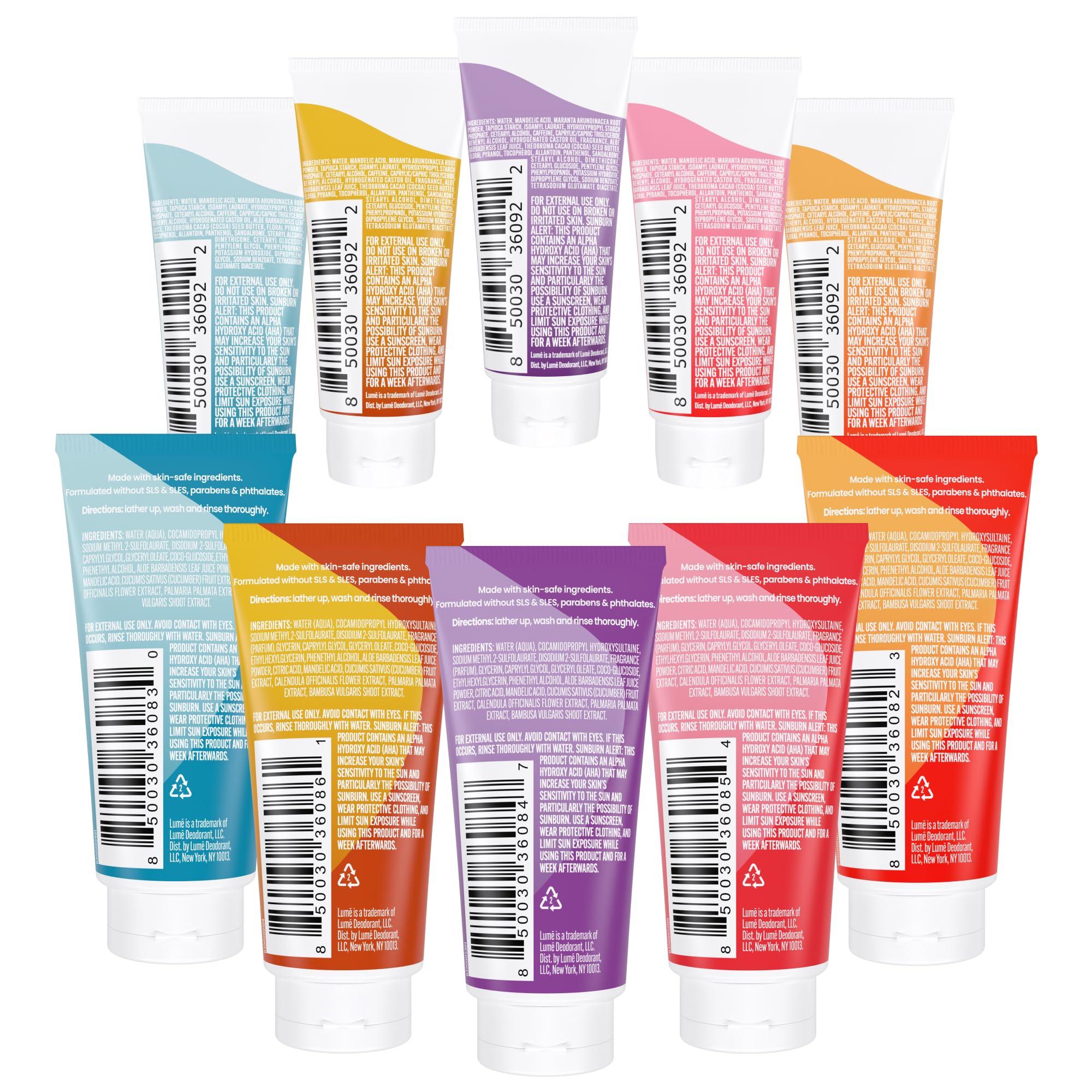 Lume Lume Acidified Body Wash 5 Pack Minis and Whole Body Deodorant 5 Pack Sampler - 24 Hour Odor Control - Moisturizing Formulated Without SLS & Parabens - Invisible Cream Minis - Aluminum Free