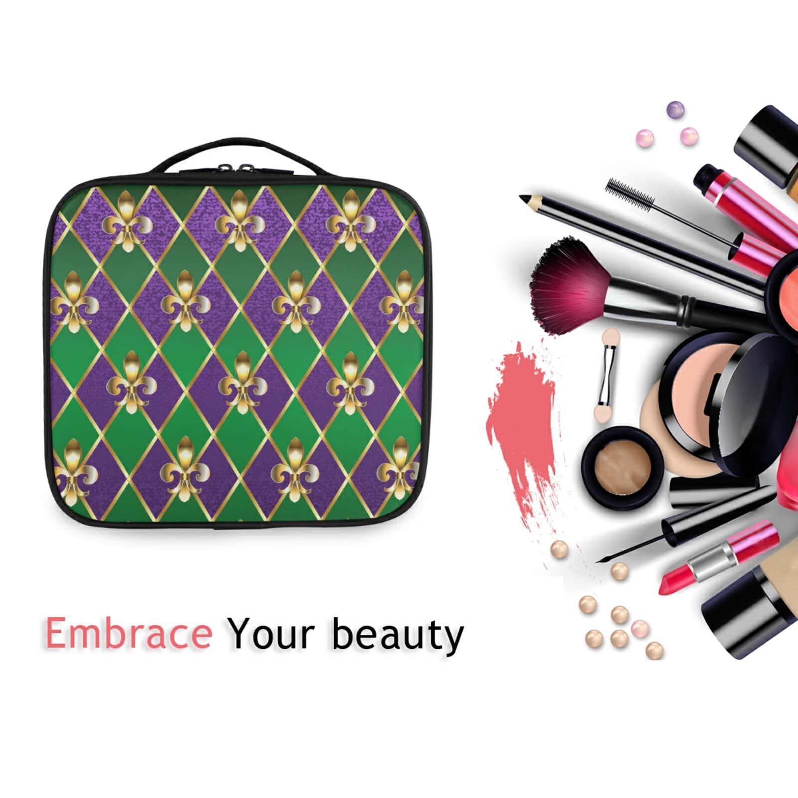 Poeticcity Mardi Gras Gold Fleur De Lis on Purple and Green Rhombus Large Women Makeup Bag, Train Toiletry Storage Case, Portable Coin Purse Holder Zipper Pouch Travel Cosmetic Organizer for Women and Girls