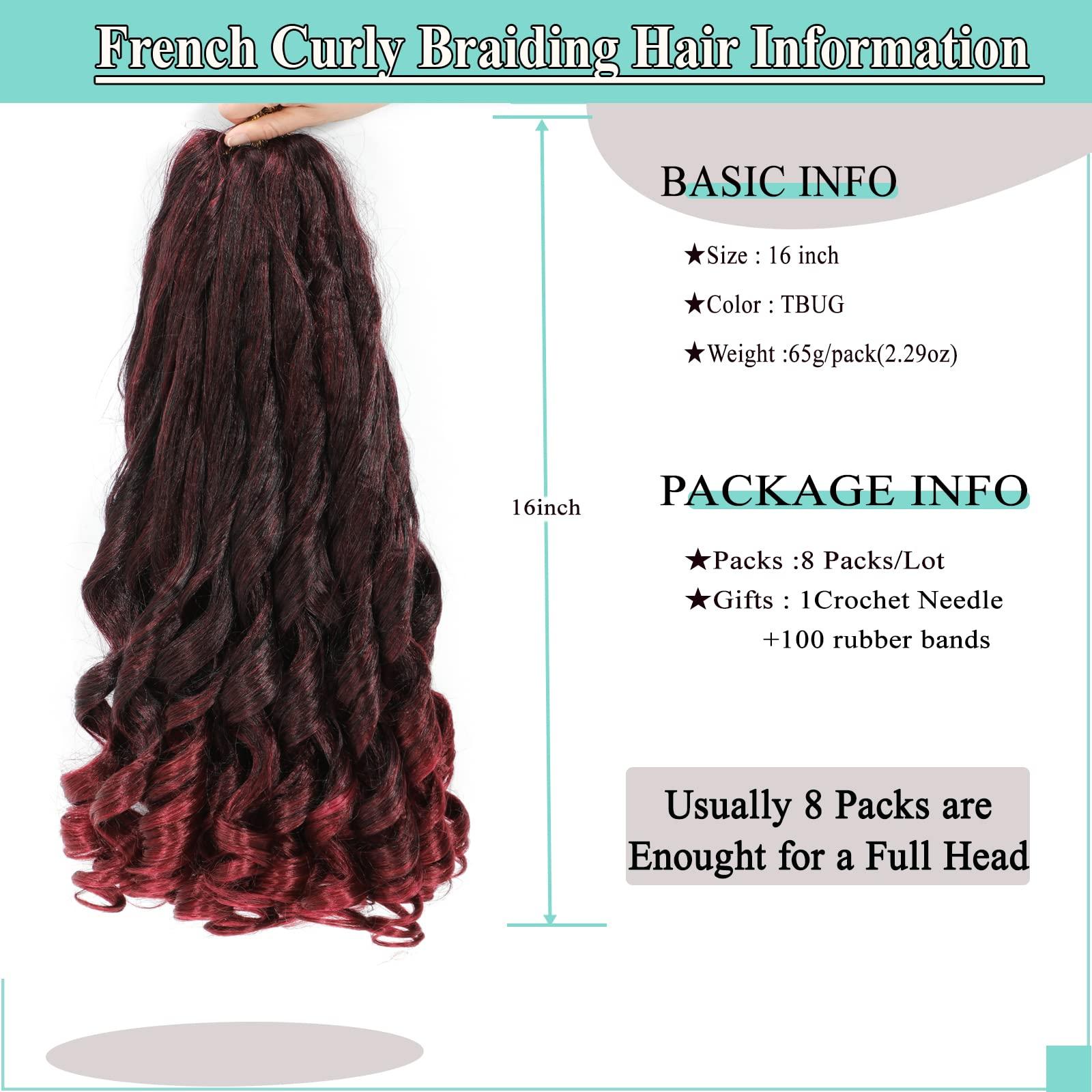 Flagship Burgundy French Curly Braiding Hair 8packs 16 inch Tbug Pre Stretched Curly Ombre Braiding Hair for Goddess Box Braids Hair Dark Red Bounce Curl Loose Wave Crochet Braids for Black Women Extensions