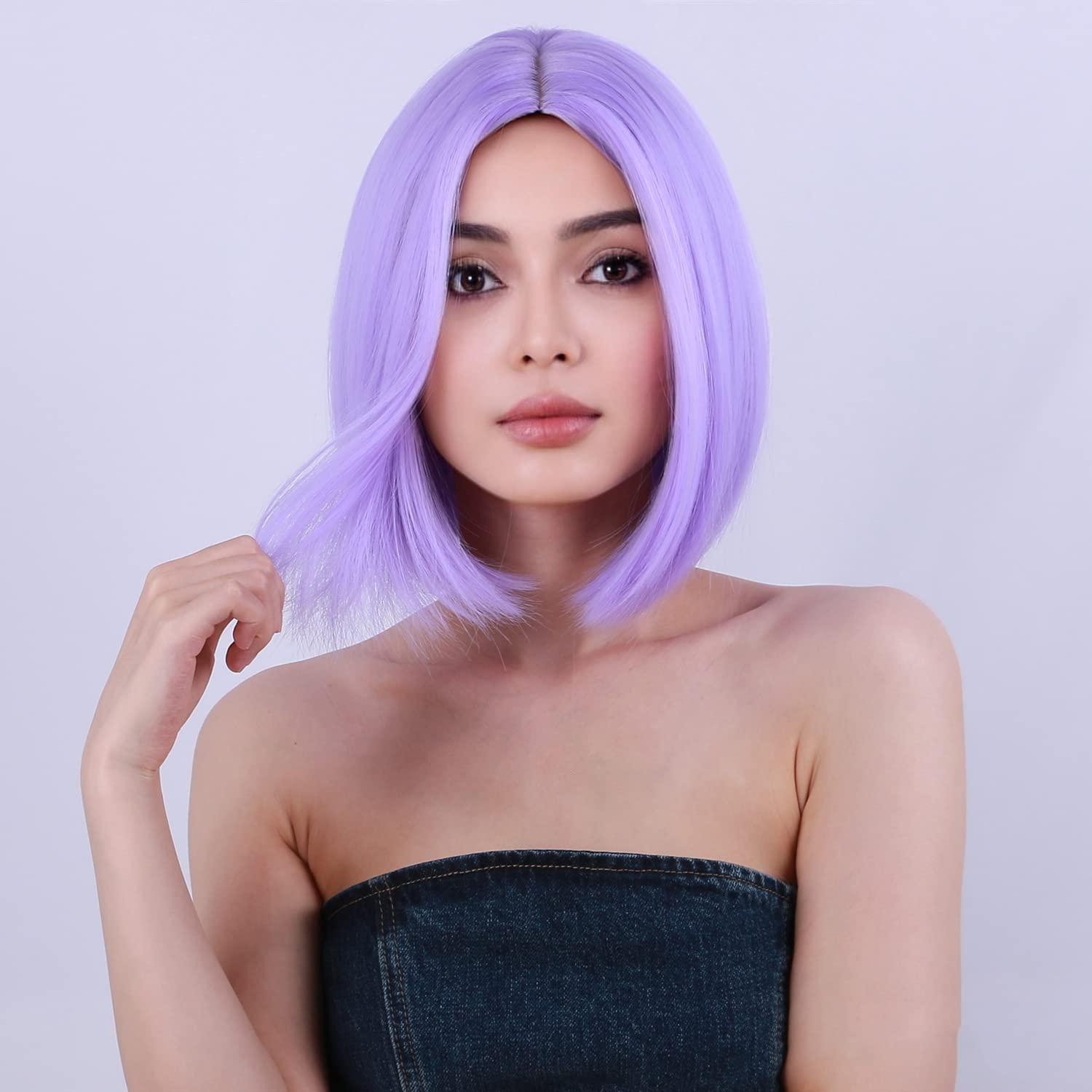 PATTNIUM PATTNIUM Purple Bob Wig for Women Short Purple Wigs Straight Middle Part Light Purple Hair Wig Natural Looking Heat Resistant Synthetic Wig