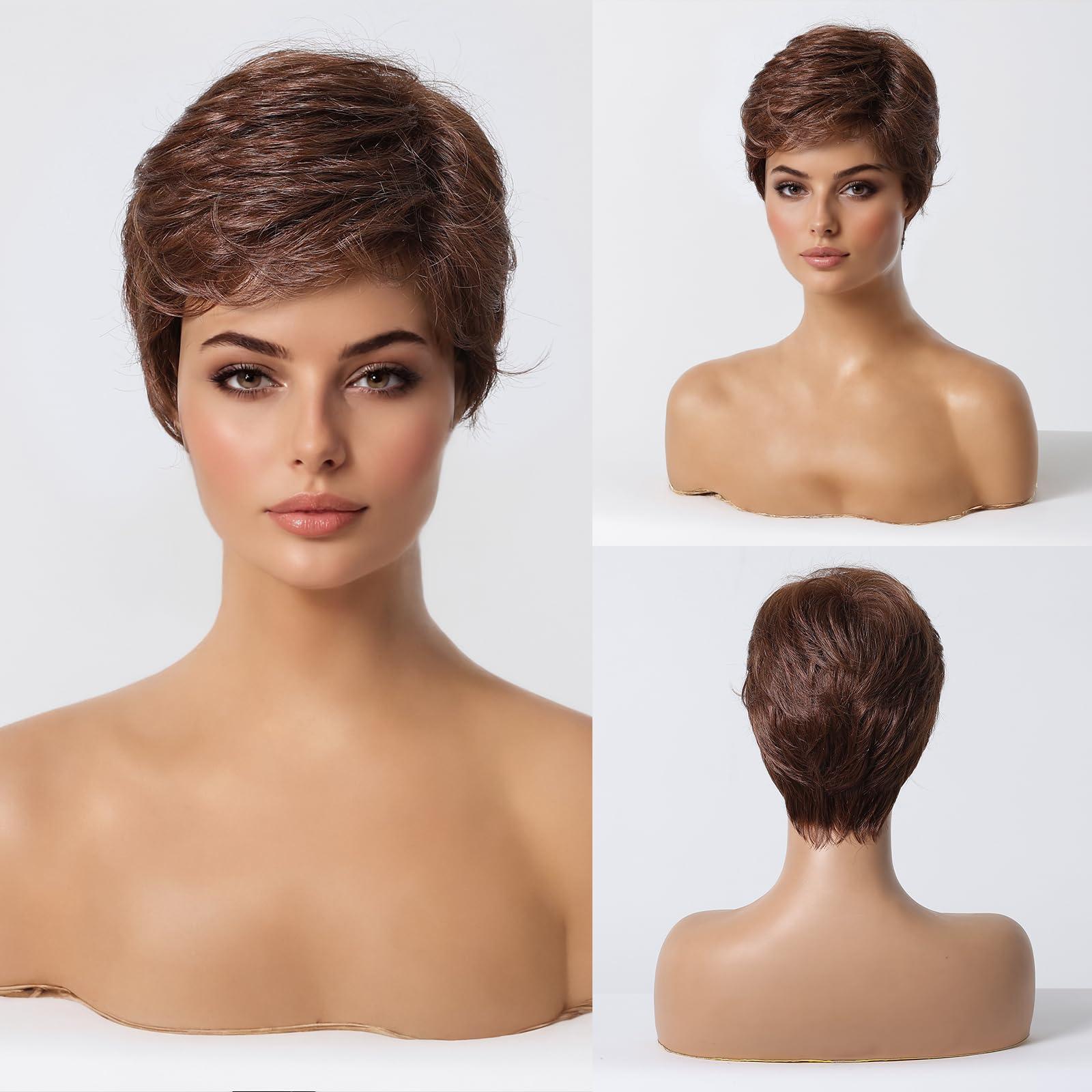 DWY DWY Short Brown Human Hair Blend Wigs for White Women Synthetic Wigs Layered Heat Resistant