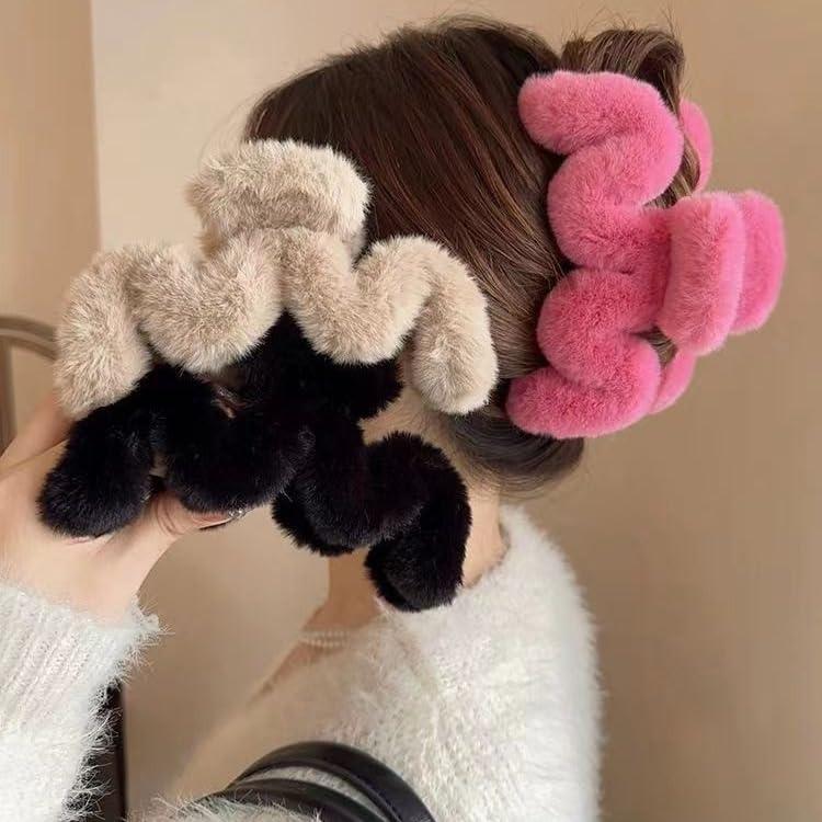 RRRWEI 3pcs 5.1Inches Faux Fur Hair Clips,Large Fuzzy Claw Clip for Thick Thin Hair,Preppy Claw Clips Fluffy Hair Clip for Women Girls (3PC -4)