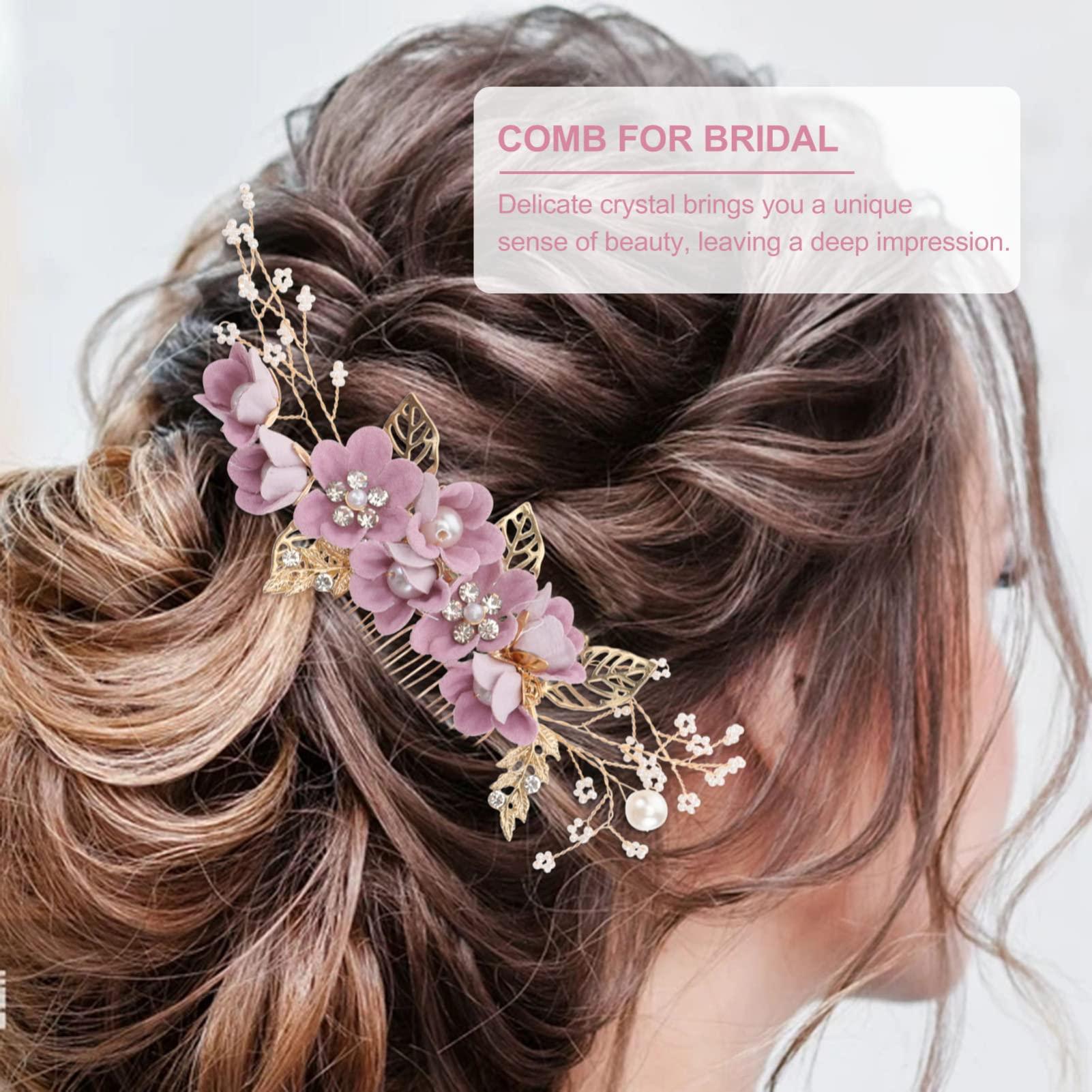 Luxshiny Luxshiny Gold Decor Bridal Hair Comb Hair Side Comb, Bride Wedding Hair Comb Pearl Hair Piece for Wedding Banquet Party (Purple) Bridesmaid Hair Accessories Retro Decor