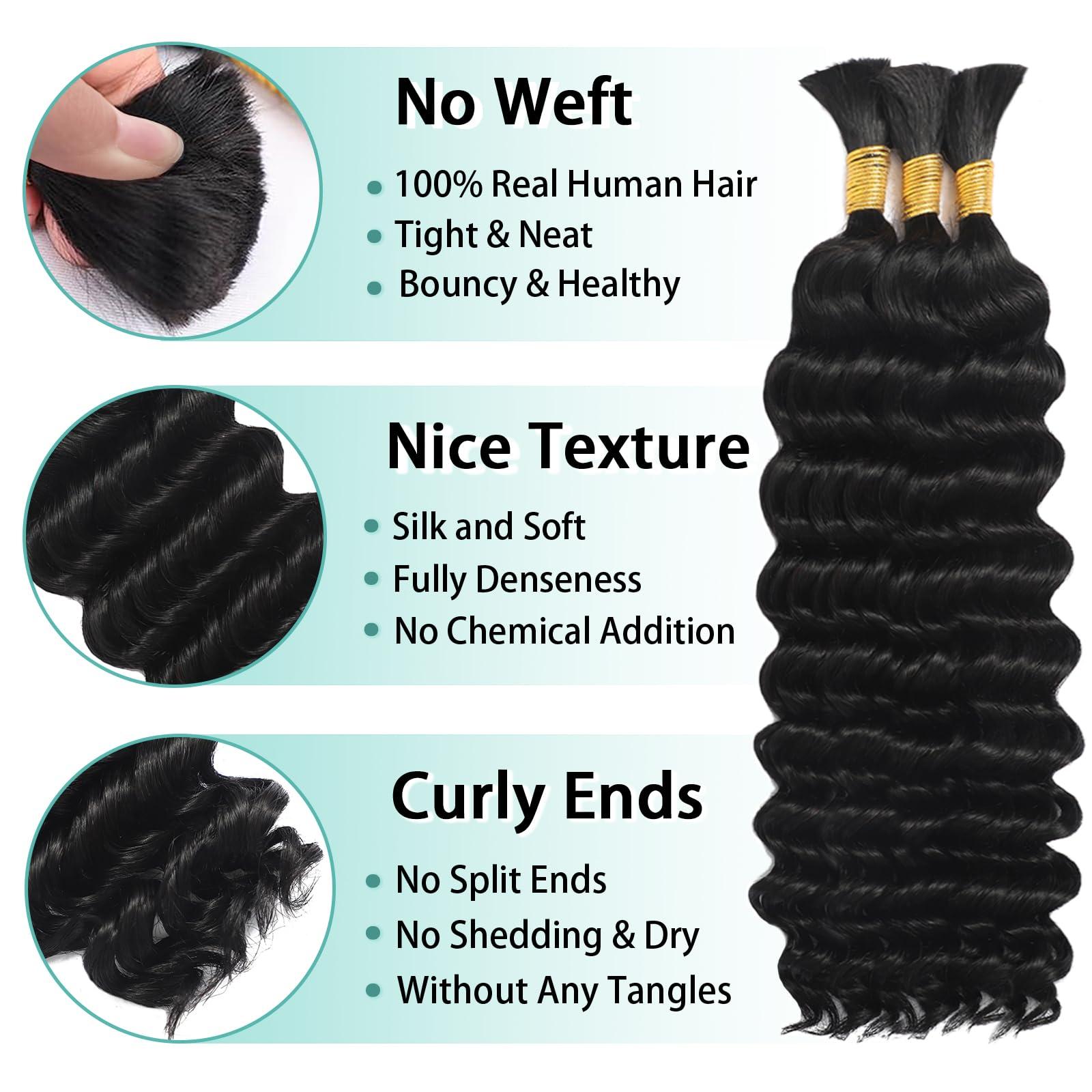 MOTFIN Human Braiding Hair for Boho Braids Human Hair Braiding Hair 110g 18 Inch Curly Boho Hair for Braiding Knotless 12A Deep Wave Bulk Human Hair for Braiding Bohemian 3 Bundles/Pack Natural Color