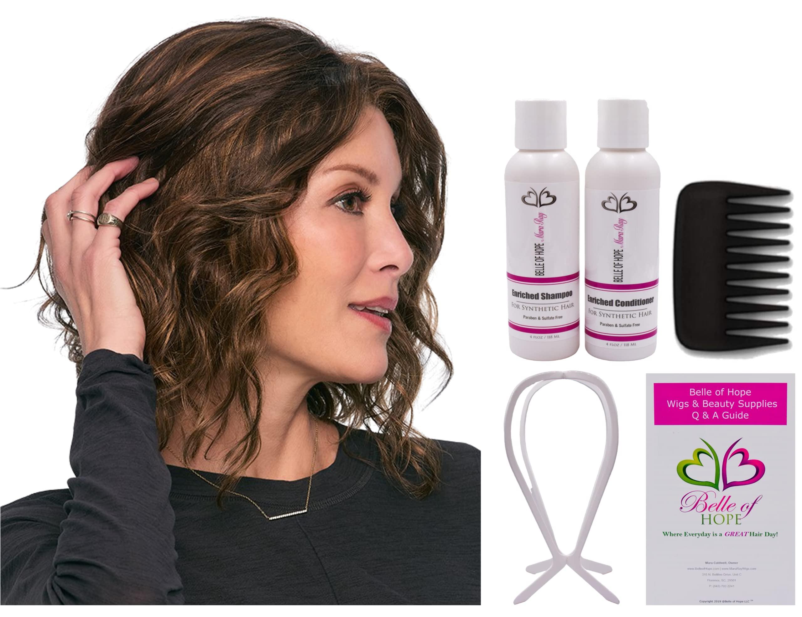 Belle of Hope Mara Ray JULIANNE LITE Lace Front Mono Top Synthetic Wig by Jon Renau, 6PC Bundle: Wig, 4oz Mara Ray Enriched Shampoo & Conditioner, Wide Tooth Comb, Plastic Wig Stand, and 19 Page Belle of Hope Guide (FS17/101S18)