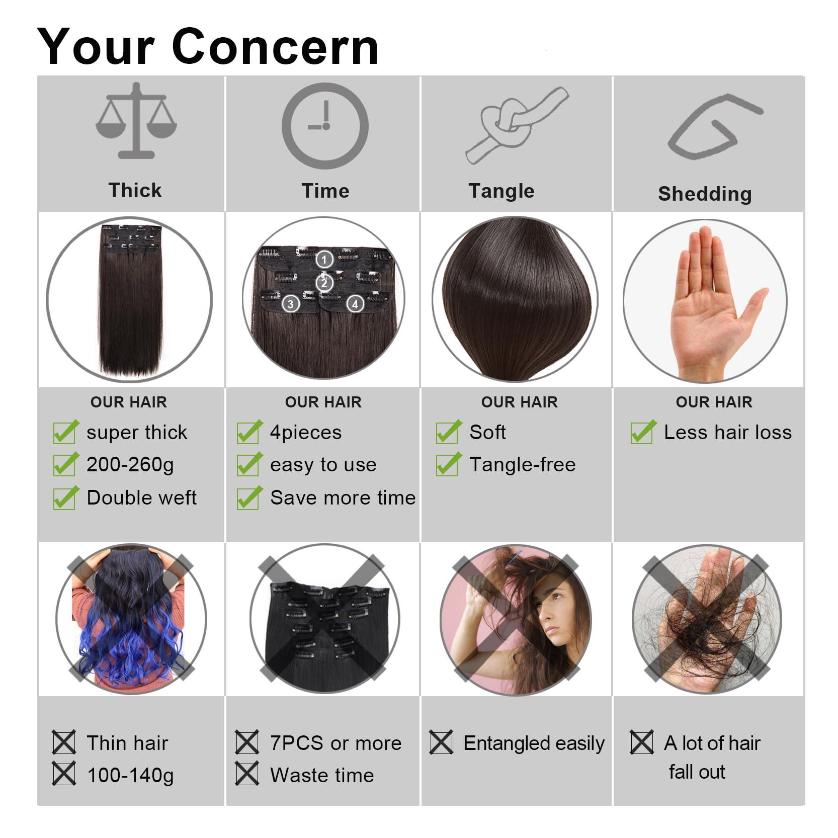 DOcute 26\" Straight Black Dark Brown Hair Extensions Clip Ins 4 PCS, Full Head Long Clip In Hair Extensions For Black Women Double Weft Thick Hair Extensions For Women Clip In Hair Pieces (26\", Black Brown)