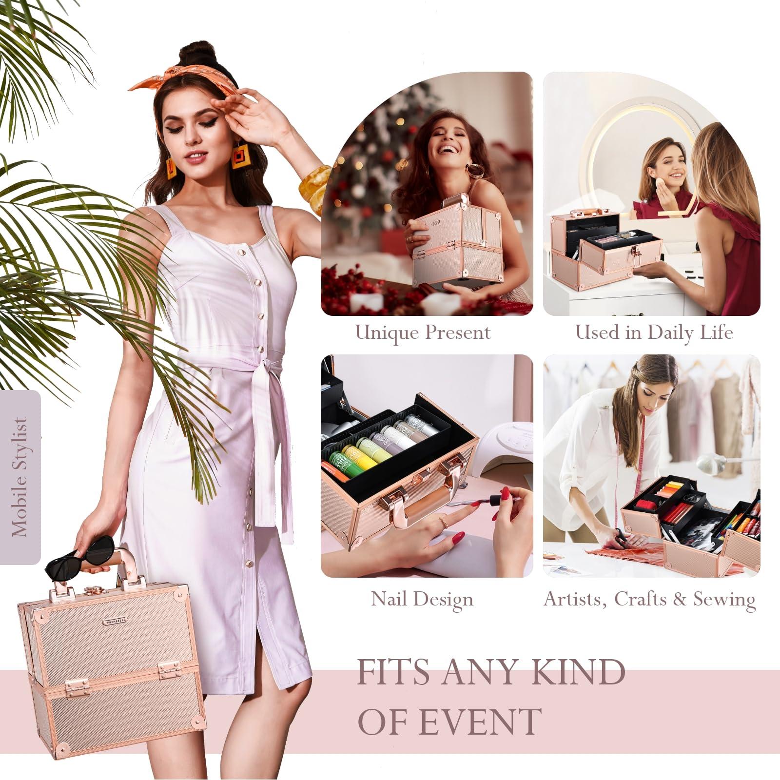 FRENESSA FRENESSA Makeup Train Case Makeup Case Travel Cosmetic Box Organizer Portable Make Up Box with Dividers Lockable for Artist Nail Sewing Vanity Storage Makeup Travel Case Rose Gold