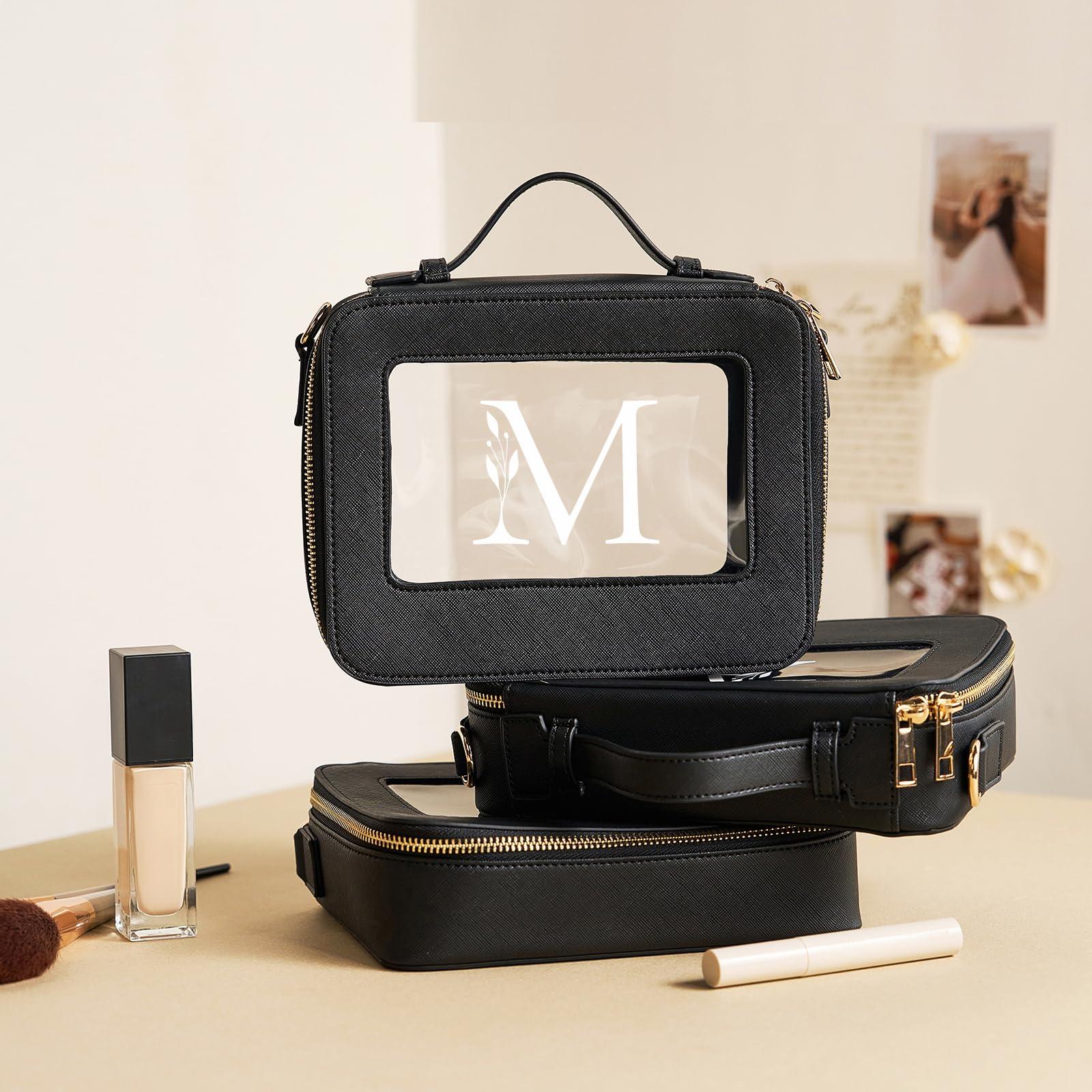 AW BRIDAL AW BRIDAL Initial Makeup Bags Monogram Makeup Bag Clear Toiletry Travel Bag with Shoulder Strap Small Clear Cosmetic Bag Women Clear Makeup Bag with Zipper, Letter M