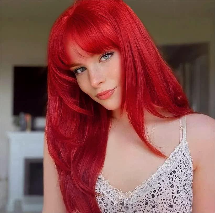 LANOVA LANOVA Red Wig with Bangs, Synthetic Red Wigs for Women, Natural Straight Cosplay Red Wig with Fringe, Bright Red Hair Wig 20 inch LANOVA-160