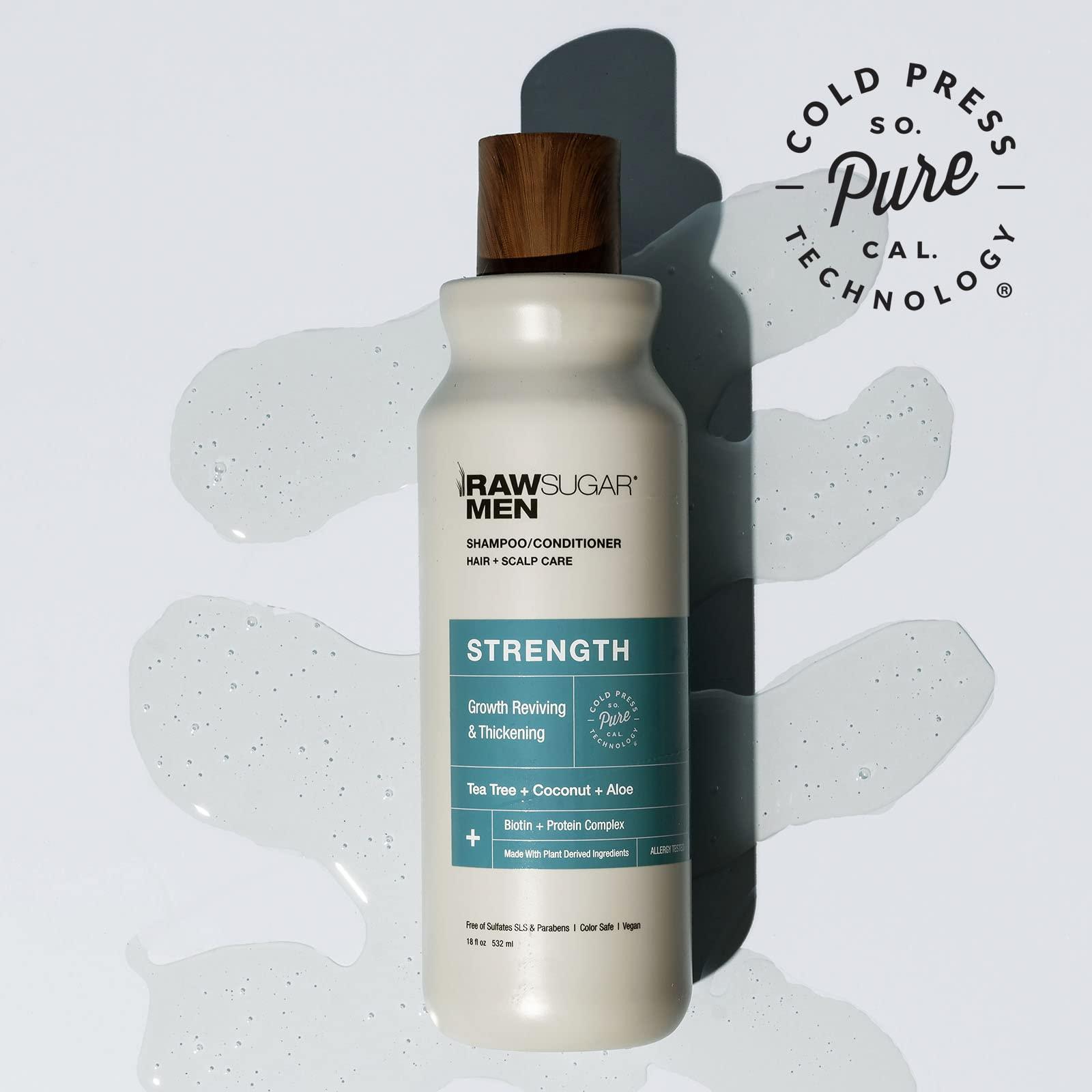 RAW SUGAR Men\'s 2-in-1 Shampoo & Conditioner | Strengthen: Growth Reviving & Thickening | Tea Tree + Coconut + Aloe | 18 fl oz