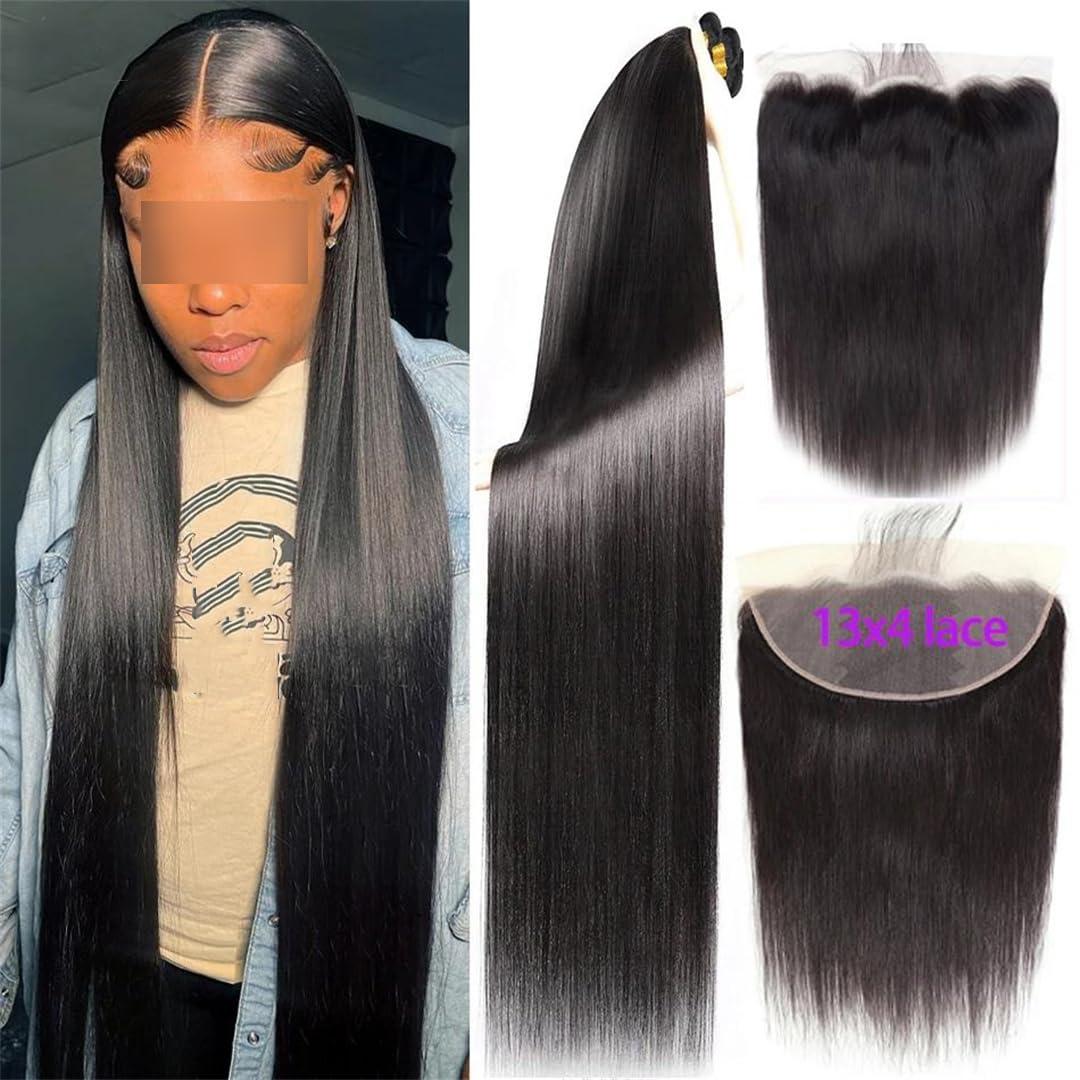 Wjnvfioo Bone Straight Human Hair Bundles With 13X4 Lace Frontal Closure With Extensions Brazilian Weave Bundles With Closure 13\" x 4\" 12 14 16 frontal10