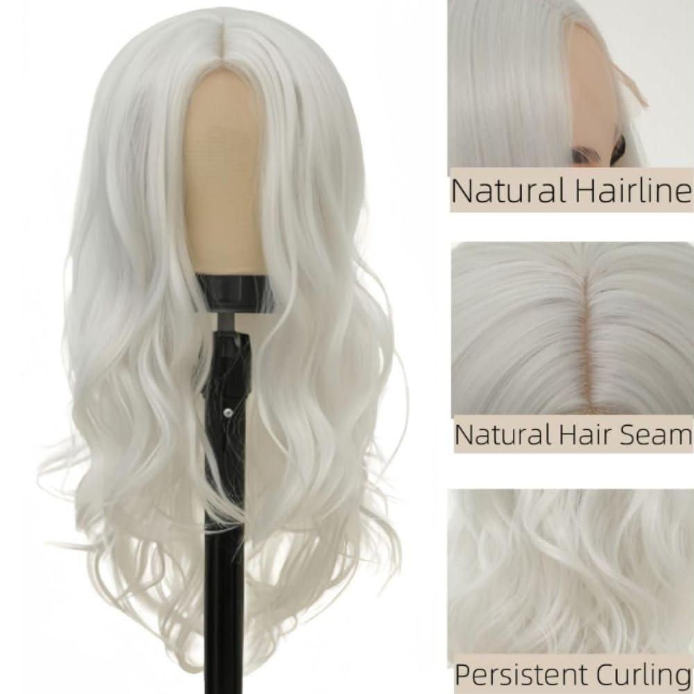 Siudus Siudus White Long Wig Curly Wavy Wigs for Women 26 Inch Synthetic Middle Part Fiber Natural Looking Hair Wig for Halloween Cosplay Party