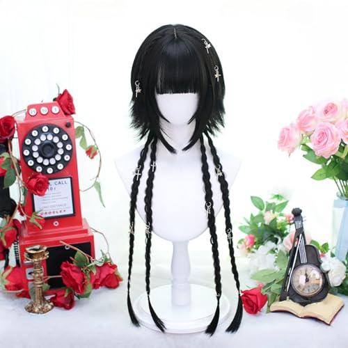 SCORRO Hime Cut Long Straight Black Layered Hair Lolita Bob Wig Hair with Bangs, Pre-styled Jellyfish Braided Hair Wig for Women Girls, Party Wig Halloween Daily Wigs (braided Styling,natural Black)