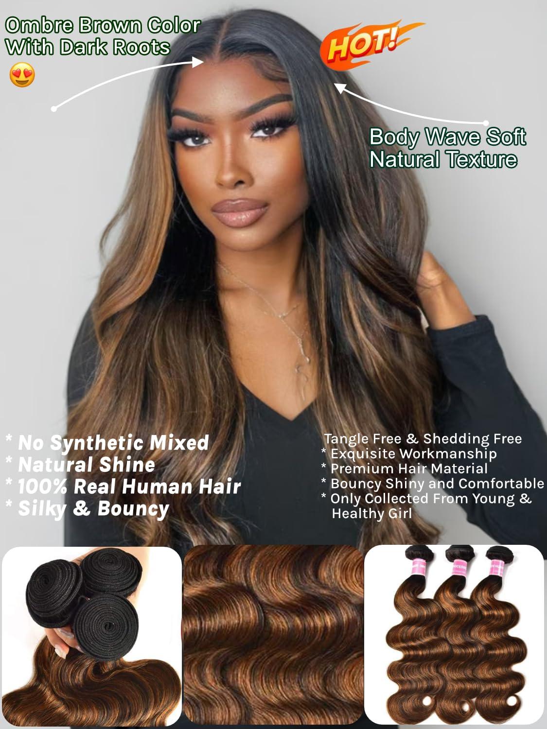 KLAIYI KLAIYI Ombre Brown Highlight Body Wave Human Hair Extensions 3 Bundles of 14 16 18Inch Balayage Honey Blonde Virgin Hair Weaves for Women Double Wefts Wavy Remy Hair with Dark Roots Sew In Piano Color