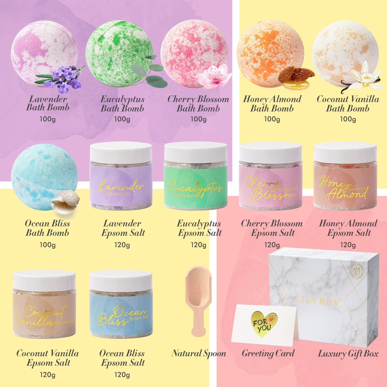 LILY ROY LILY ROY Spa Bath Gift Baskets Set Perfumes Bath and Body Gift Box Gift Set 15 Pcs Epsom Salts Bath Bombs Bath Spa Gifts for Women Fathers Mothers Day Spa Kit Gifts Set for Christmas Birthday