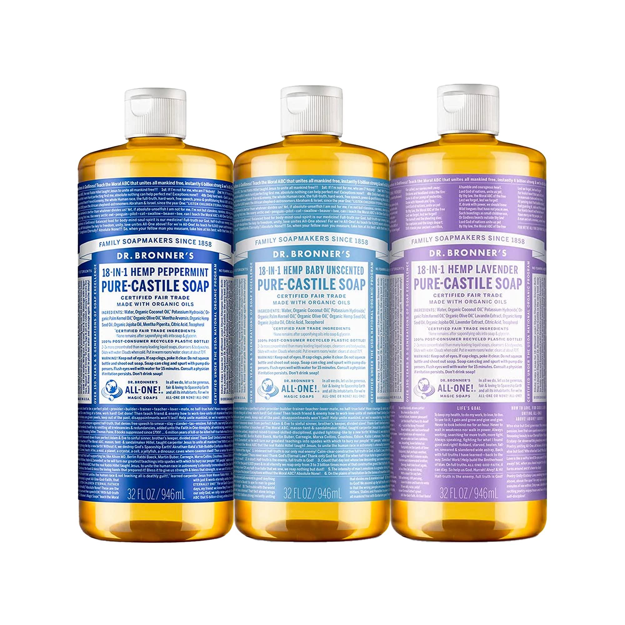 Dr. Bronner's Dr. Bronner's - Pure-Castile Liquid Soap (32 Ounce Variety 3-Pack) Peppermint, Baby Unscented, Lavender - Made with Organic Oils, 18-in-1 Uses: Face, Body, Hair, Laundry, Concentrated, Vegan