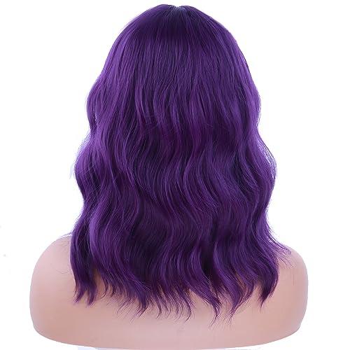 BERON BERON 14 Inches Purple Wig for Women Girls Short Curly Wig Dark Purple Wig Synthetic Wig Purple Wig with Bangs Wig Cap Include