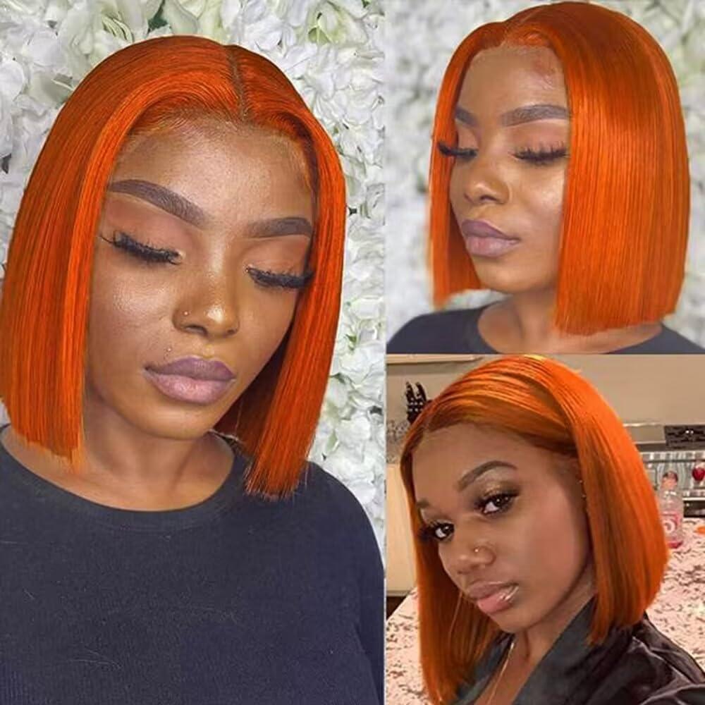 amzhair #350 Ginger Orange Bob Wig Human Hair 13x4 Straight Hd Ginger Bob Lace Front Wigs Human Hair Wear and Go Glueless Wigs Human Hair Pre Plucked Bob HD Lace Frontal Wig Short Bob Wigs For Black Women