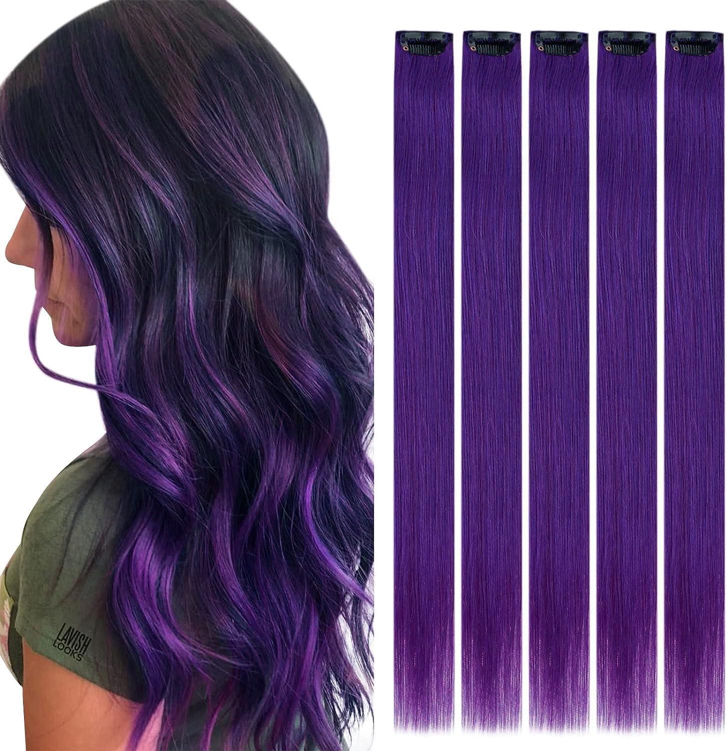 RUNATURE RUNATURE Bundles 22 Inch Purple and Hot Pink Hair Extensions Real Human Hair Clip ins 25g 5pcs