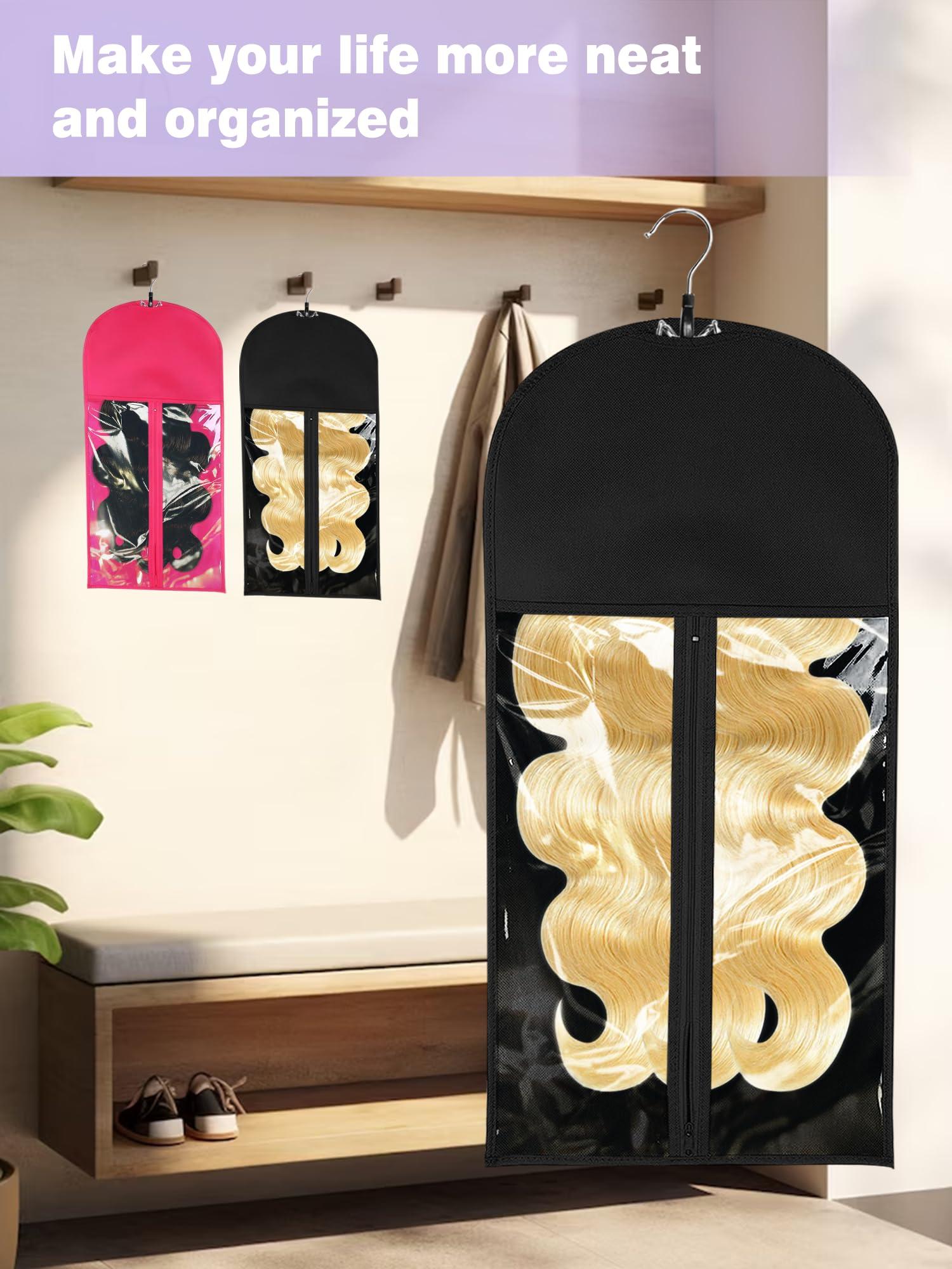 Whtawtaw 3 Pcs Hair Wig Extension Storage Bag, Hair Extensions Holder with Hanger, 11.4 * 23.6 inches, Portable Wig Bags Storage with Transparent Zipper Closure (Rose)