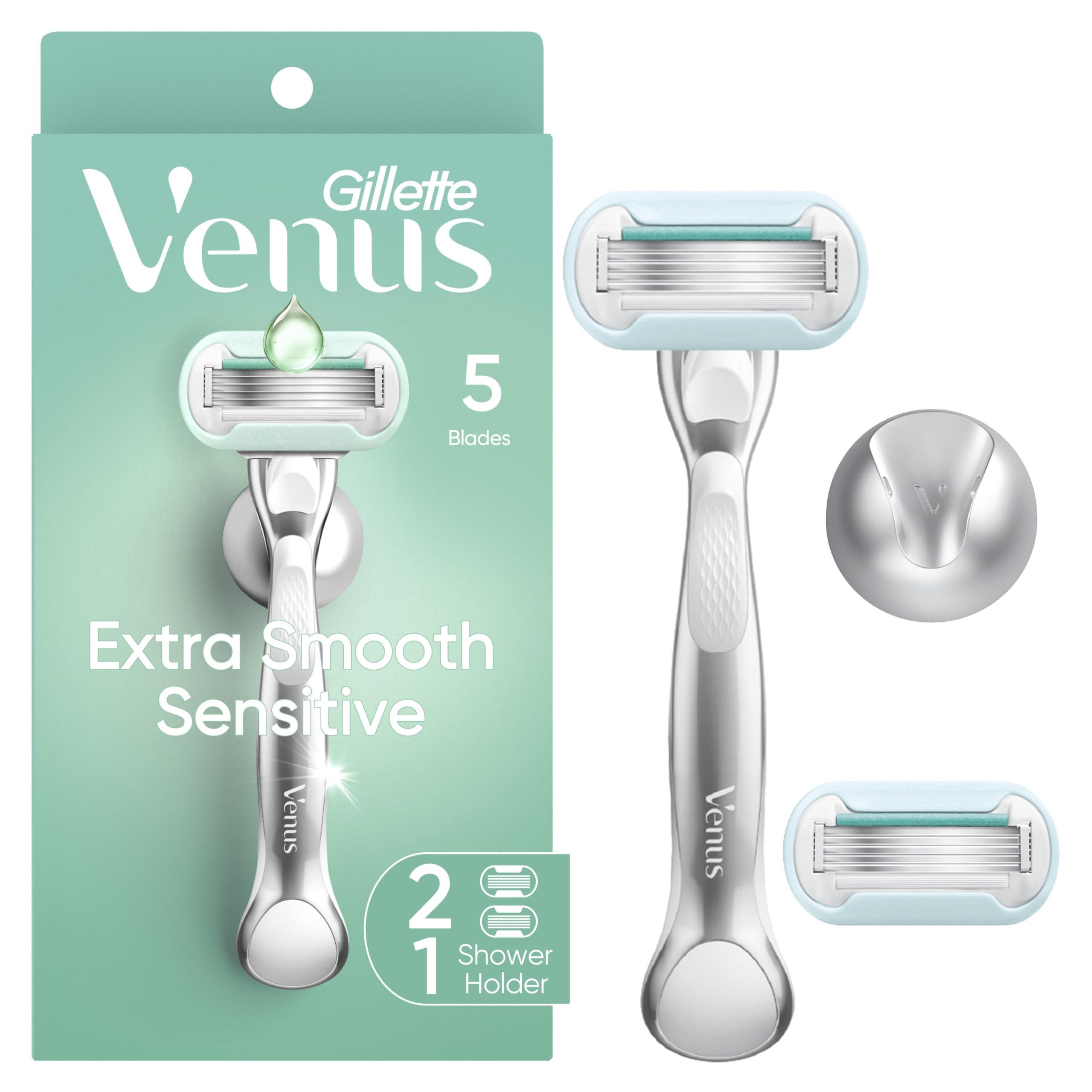 Venus Gillette Venus Extra Smooth Sensitive Razor for Women, Includes 1 Reusable Razor Handle + 2 Refills, for Sensitive Skin with Metal Handle and Shower Holder
