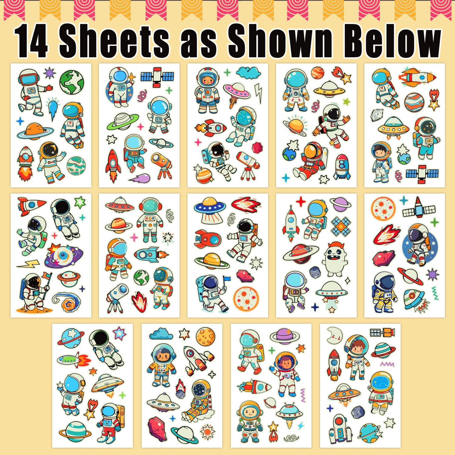PARTYWIND Partywind Glow Space Tattoos for Kids, 150 Styles Luminous Spaceship Planets Astronaut Fake Tattoo Stickers for Space Birthday Party Supplies, Cute Goodie Bag Stuffers for Boys