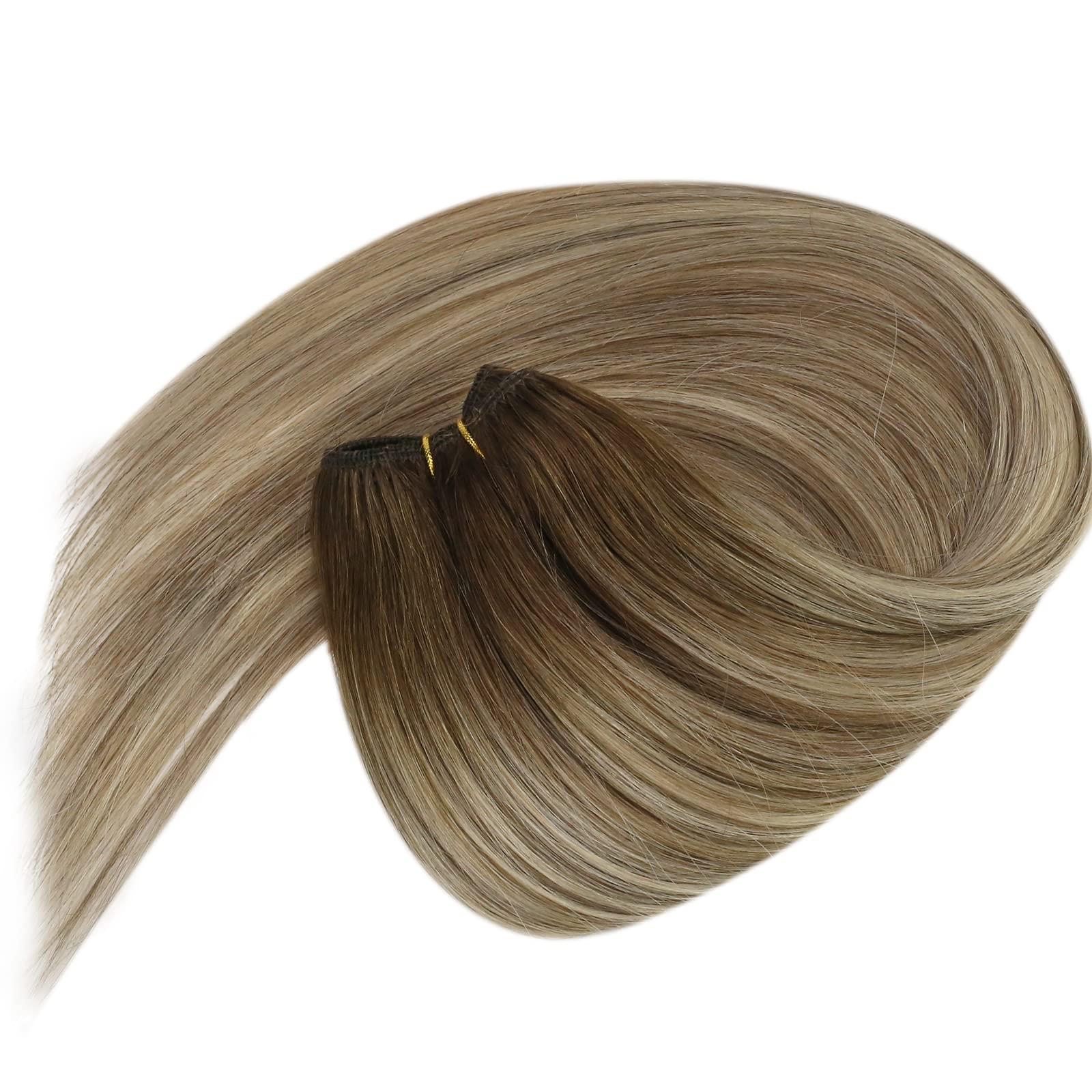 Sunny Hair Sunny Hair Beaded Weft Hair Extensions Human Hair 50G Micro Bead Hair Extensions Real Human Hair Vigorous Weft Hair Extensions with Micro Beads Cool Brown Balayage Light Brown to Blonde 16 inch