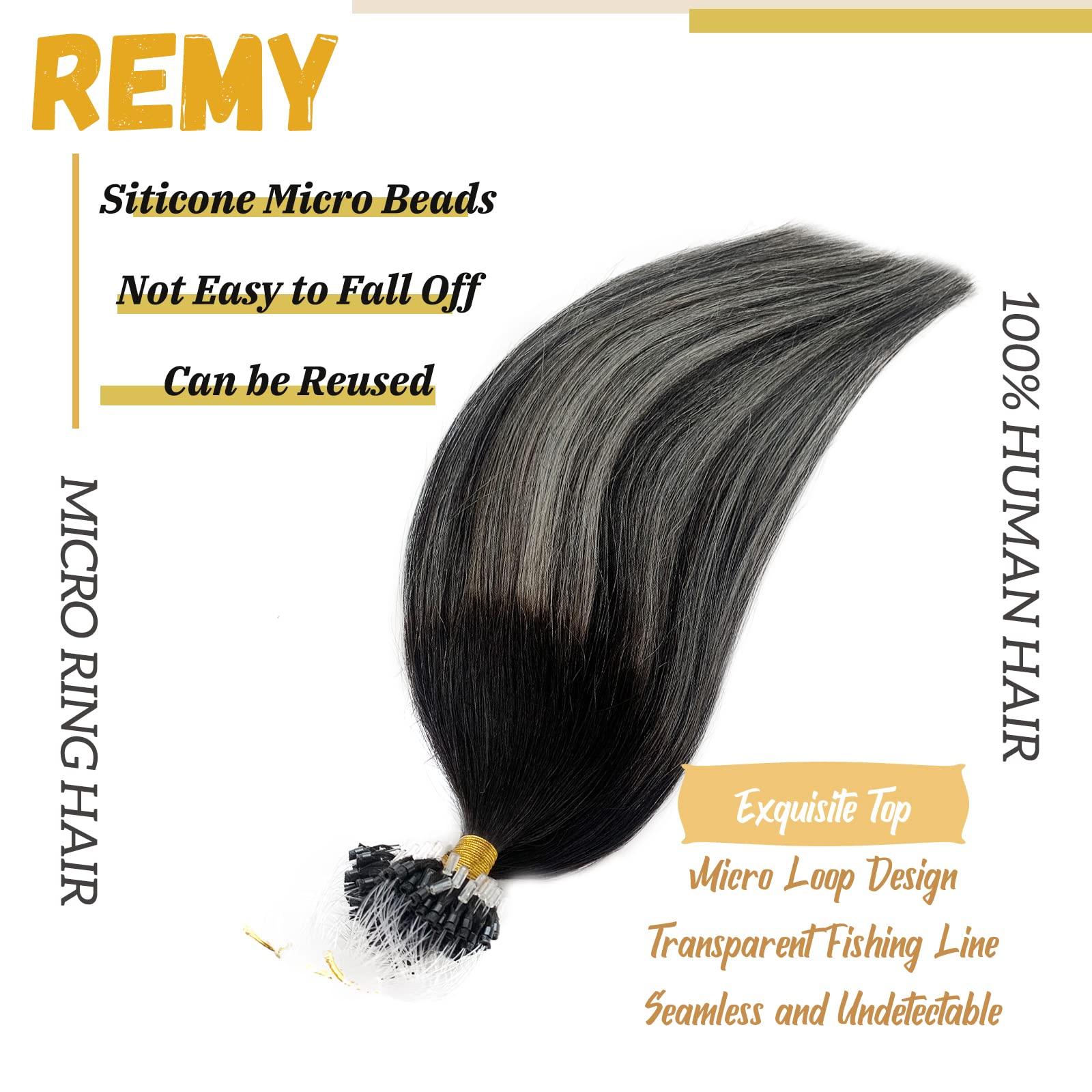 Smavida Ombre Black Hair Extensions Micro Loop Human Hair,Balayage Ombre Off Black to Grey Silver Remy Human Hair Extensions Ombre Long Straight Micro Ring Hair Extensions for Women 50g 1g/strand