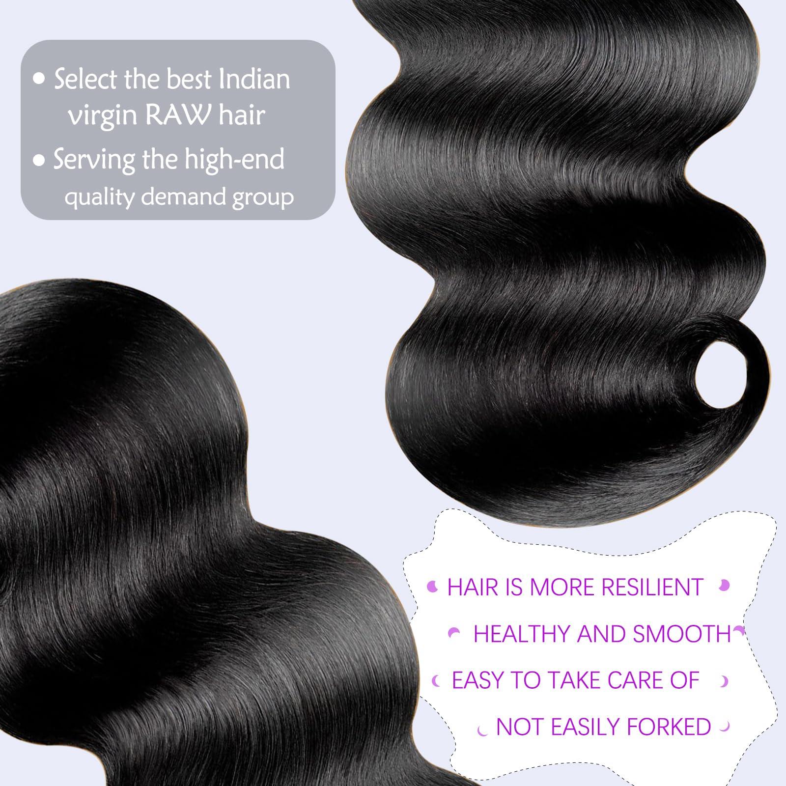 HAIRHOBBY RAW Body Wave Bundles Human Hair, 16 18 20 Inch Virgin Hair Bundles 100% Unprocessed Indian Wavy Bundles Hair Extensions 3 Loose Wave Bundles Natural Black, Triple Lifespan Than Regular Virgin Hair
