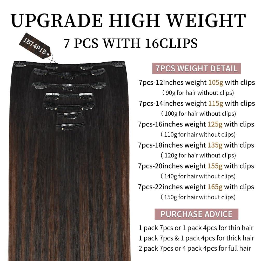Winsky 12 Inch Clip-in Hair Extensions Remy Human Hair for Women - Soft Handmade Real Human Hair Clip in Extensions, Straight, Thick, 105g 7pcs #(1BT4) P1B Color