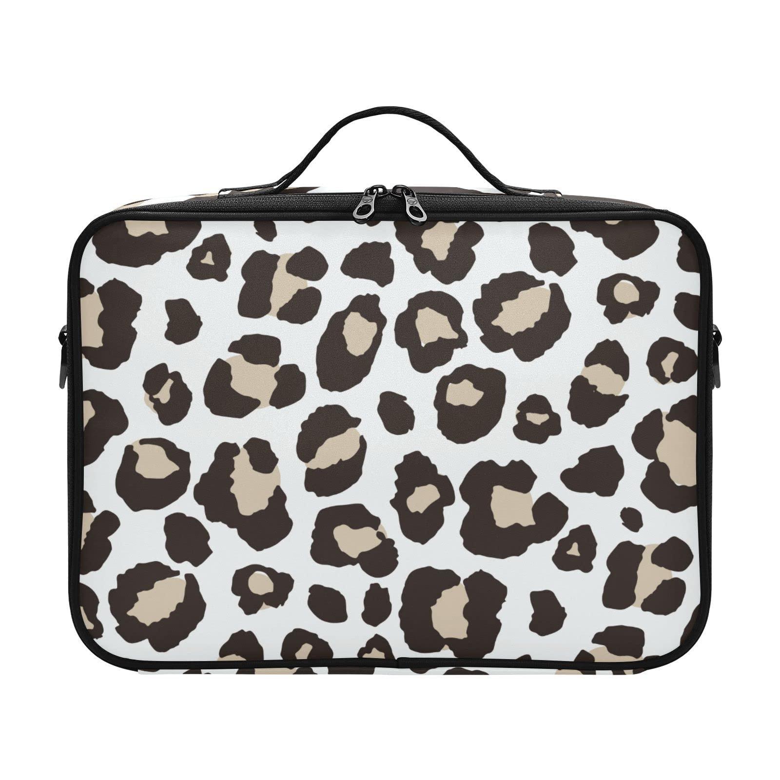 KLL KLL Leopard Print Pattern Large Capacity Cosmetic Case Travel Makeup Train Case with Adjustable Dividers and Shoulder Strap Portable Storage Bag for Toiletry Makeup Brush Jewelry Travel Accessories