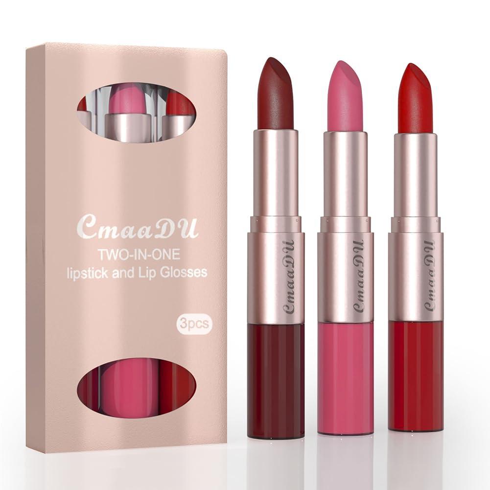 Adurello Adurello 2-In-1 Matte Lipstick and Lip Gloss 3Pcs Set Kit Waterproof Long Wear Matte Red Lipstick with Lip Tint Set, Matte Finish (A(4,5,6))