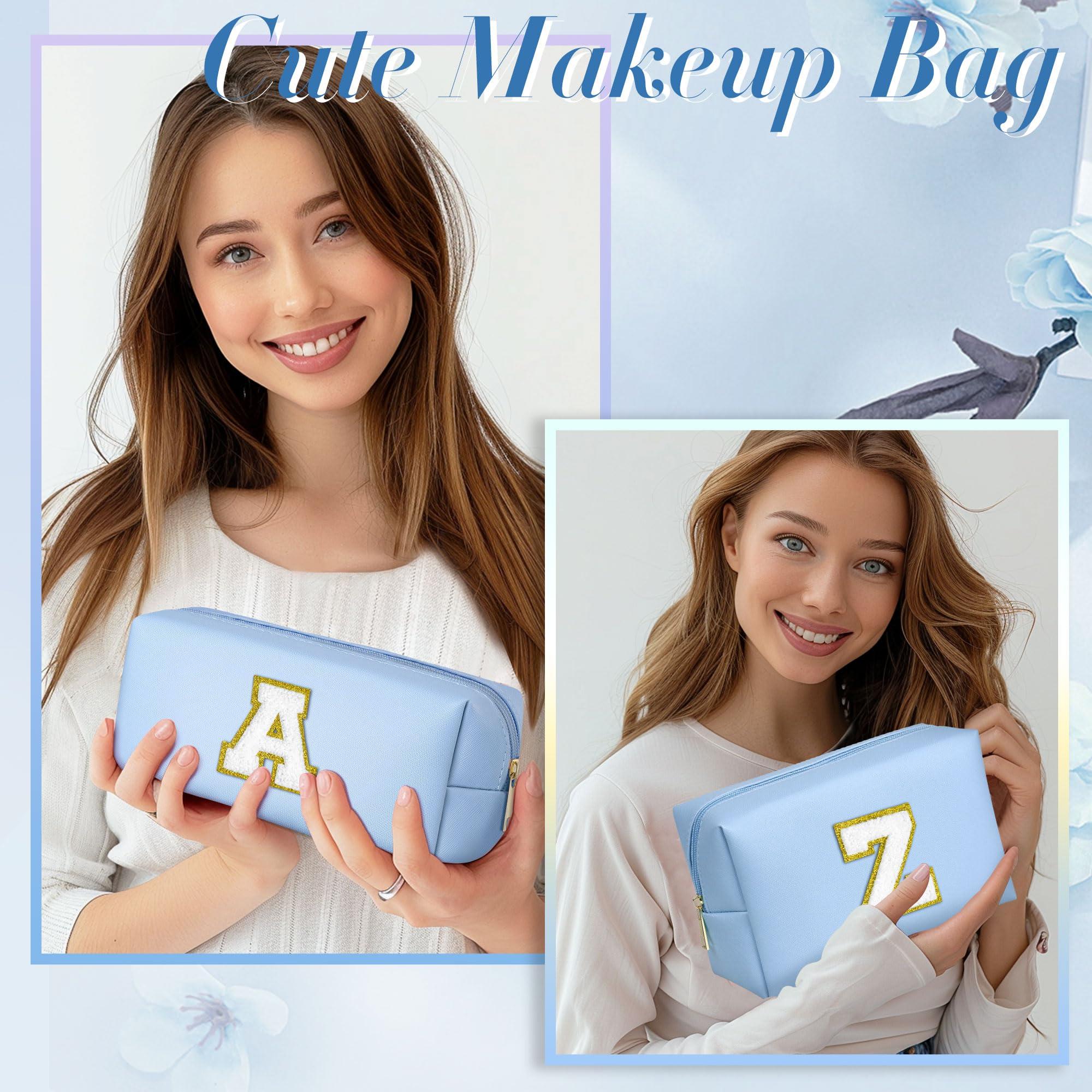TOPEAST TOPEAST Personalized Gifts Make Up Bag, 2 PCS Monogram Cute Initial Makeup Bag PU Leather Chenille Letters Waterproof Travel Toiletry Bag Personalized Birthday Gifts For Women, Blue A