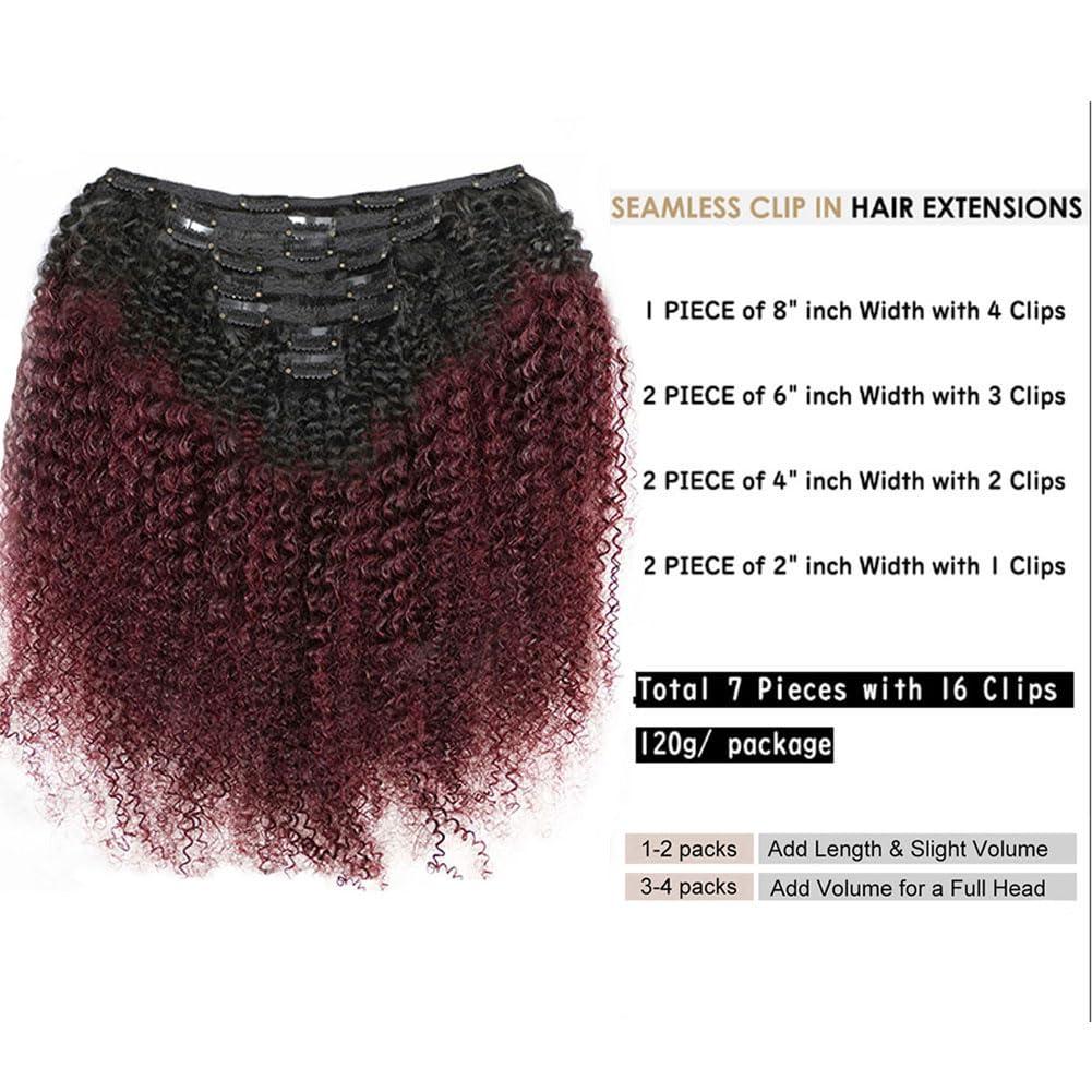 Kiss darling LASHES Afro Kinky Curly Clip In Human Hair For Women 2Tone 1b/99J Natural Black To Red Wine Burgundy Hair Extension 4B 4C Virgin Human Hair Clip Ins for Women 16\"inch