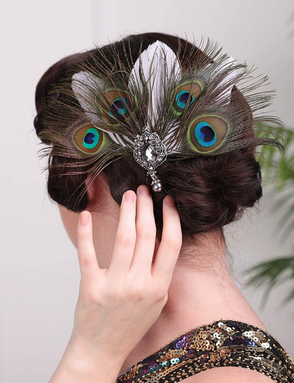 Aimimier Aimimier 1920s Flapper Peacock Feather Hair Clip Headpiece Vintage Roaring 20s Masquerade Hair Accessories for Women