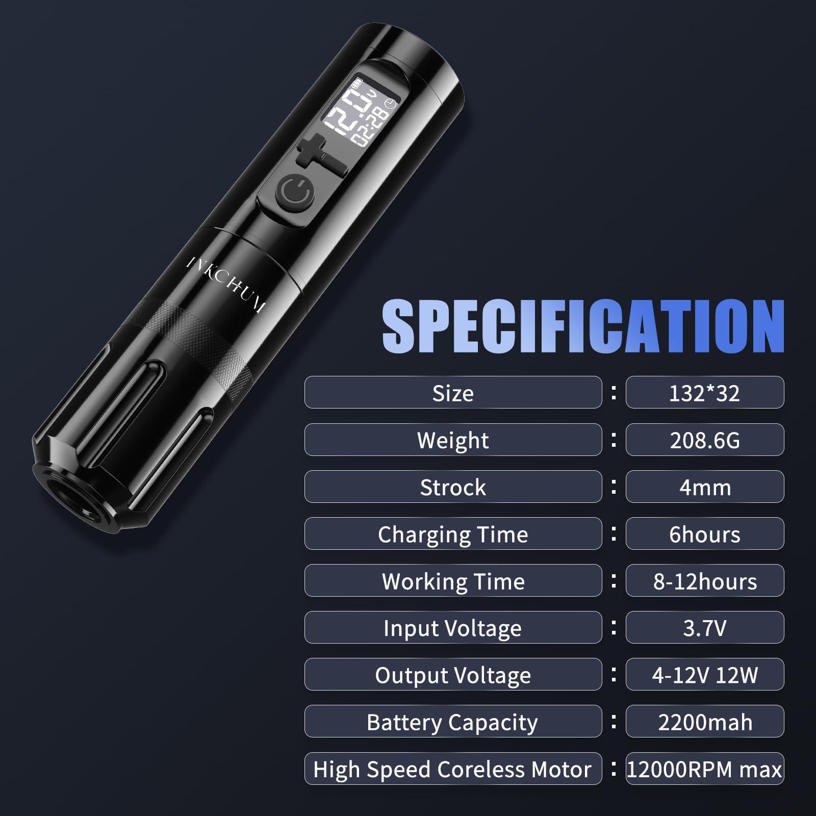 INKCHUM INKCHUM Wireless Tattoo Machine Kit, Rechargeable Rotary Tattoo Pen Kit with 2 Replaceable 2200mah Batteries for Long-Time Tattoo Work, Coreless Motor for Professional and Beginners Artist