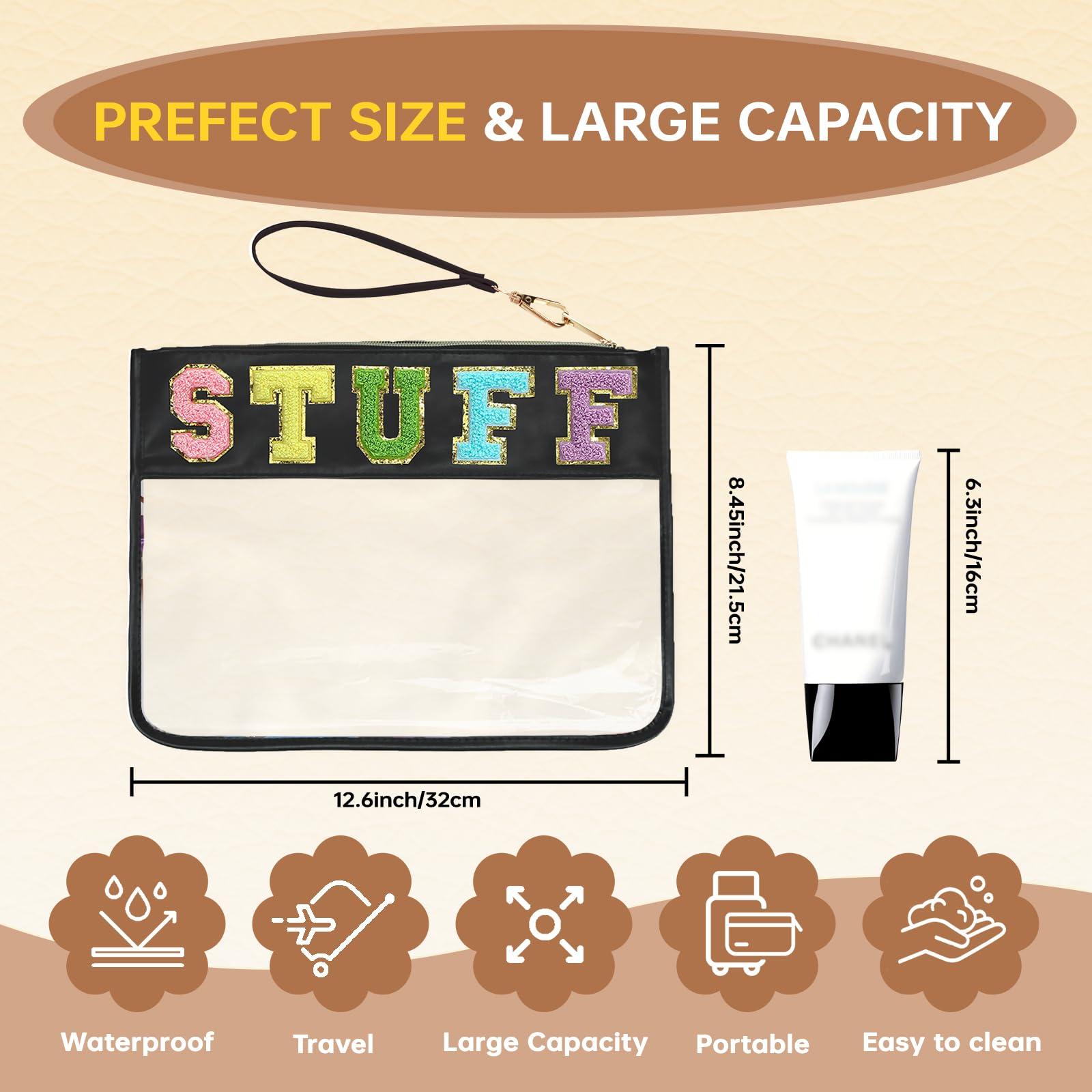 Burskit Burskit Chenille Letter Clear Zipper Pouch for Travel Preppy Stuff Bag Aesthetic Storage Organizer Pouches for Women with Glitter Patch Letters (Black-Stuff)