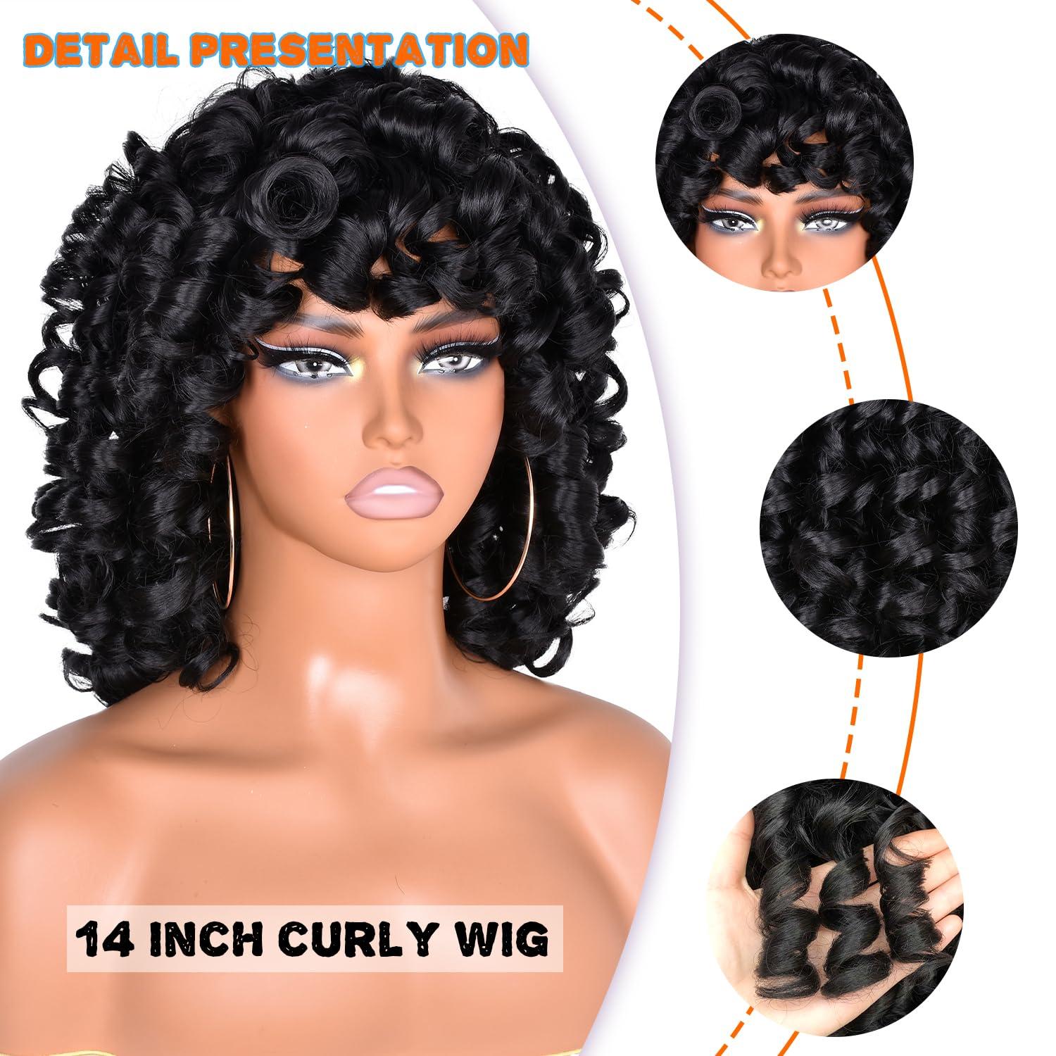 CurlCOO CurlCOO Black Curly Wigs for Black Women Short Curly Wig with Bangs Soft Big Loose Cute Afro Kinky Curly Hair 14 Inch Synthetic Wig for Black Women(Black)