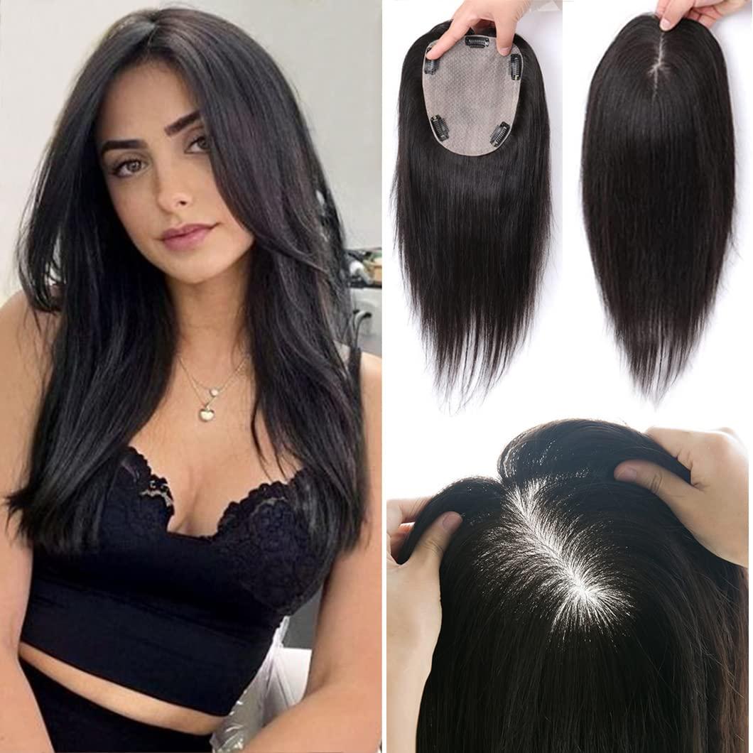 EREE HAIR EREE HAIR 4.7x5.1 Silk Base Remy Hair Topper Top Hairpiece for Thinning Hair,Seamless Straight Human Hair Topper Hair Piece Women Toupee Clip in Topper Hair Pieces 14\" Natural Black