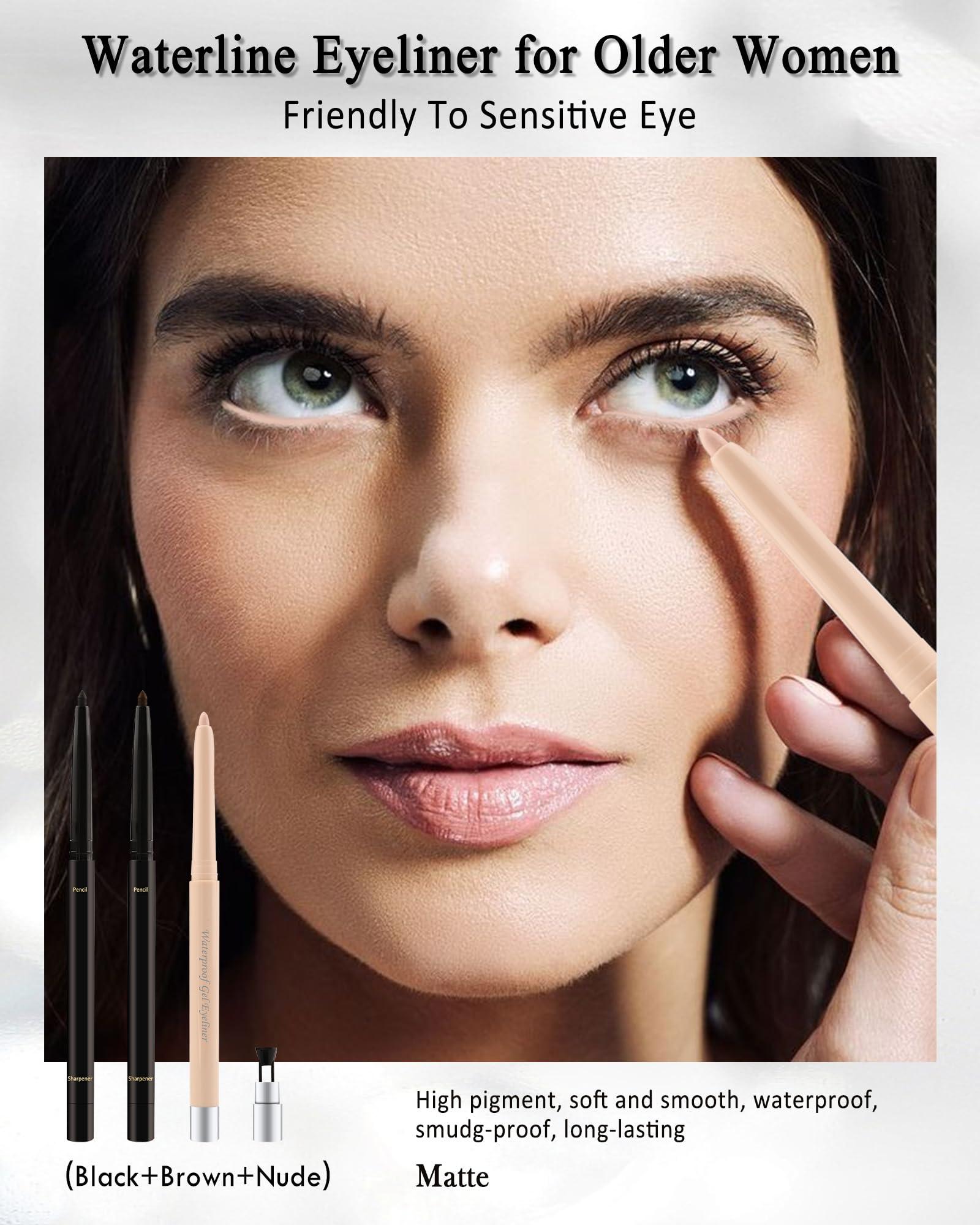 Lestpola Black+Brown+Nude Waterline Eyeliner Pencil, Cream Gel Eye Liner Pencils for Older Women, Waterproof Smudge-Proof Retractable Eyeliner Pen, Long Lasting 24H, Water Line Eyeliner for Sensitive Eyes-3Pcs
