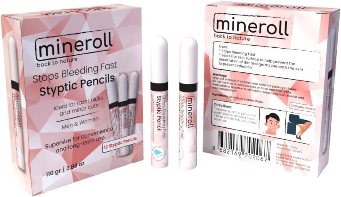 MINEROLL Styptic Pencils Shave Accessories (12 Pencils) Stops Bleeding Fast for Shaving Nicks, Razor Cuts for Men & Women - Sanitary and Great for Barbers or Personal (1)