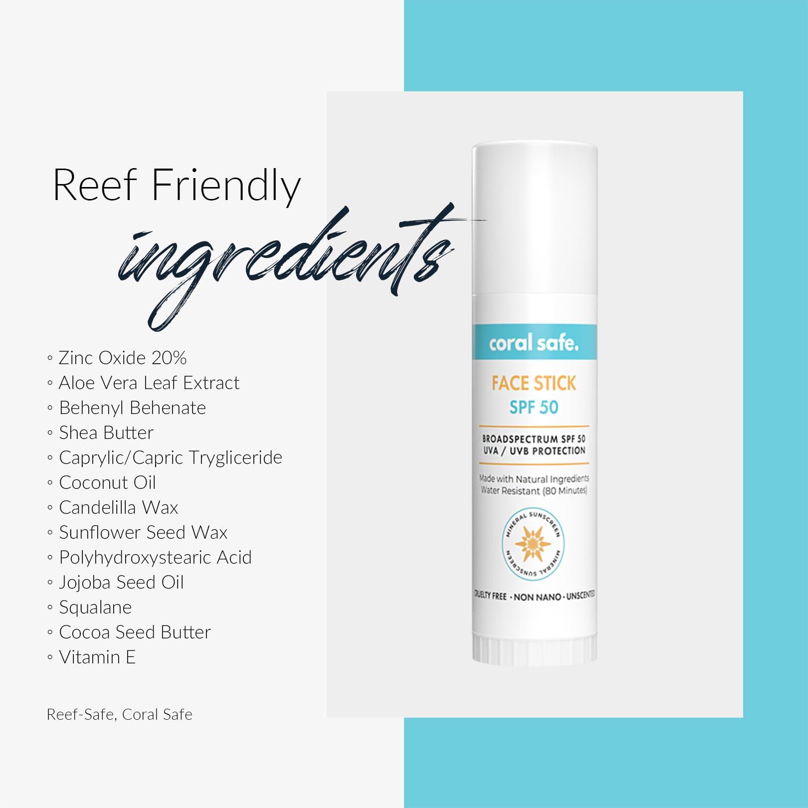 Coral Safe Reef Safe Sunscreen SPF 50 Facestick - Biodegradable, Hawaii & Mexico Approve, Zinc, Vitamin E, Oxybenzone & Octinoxate Free, Water Resistant, Natural Ingredients, Made in USA by Coral Safe