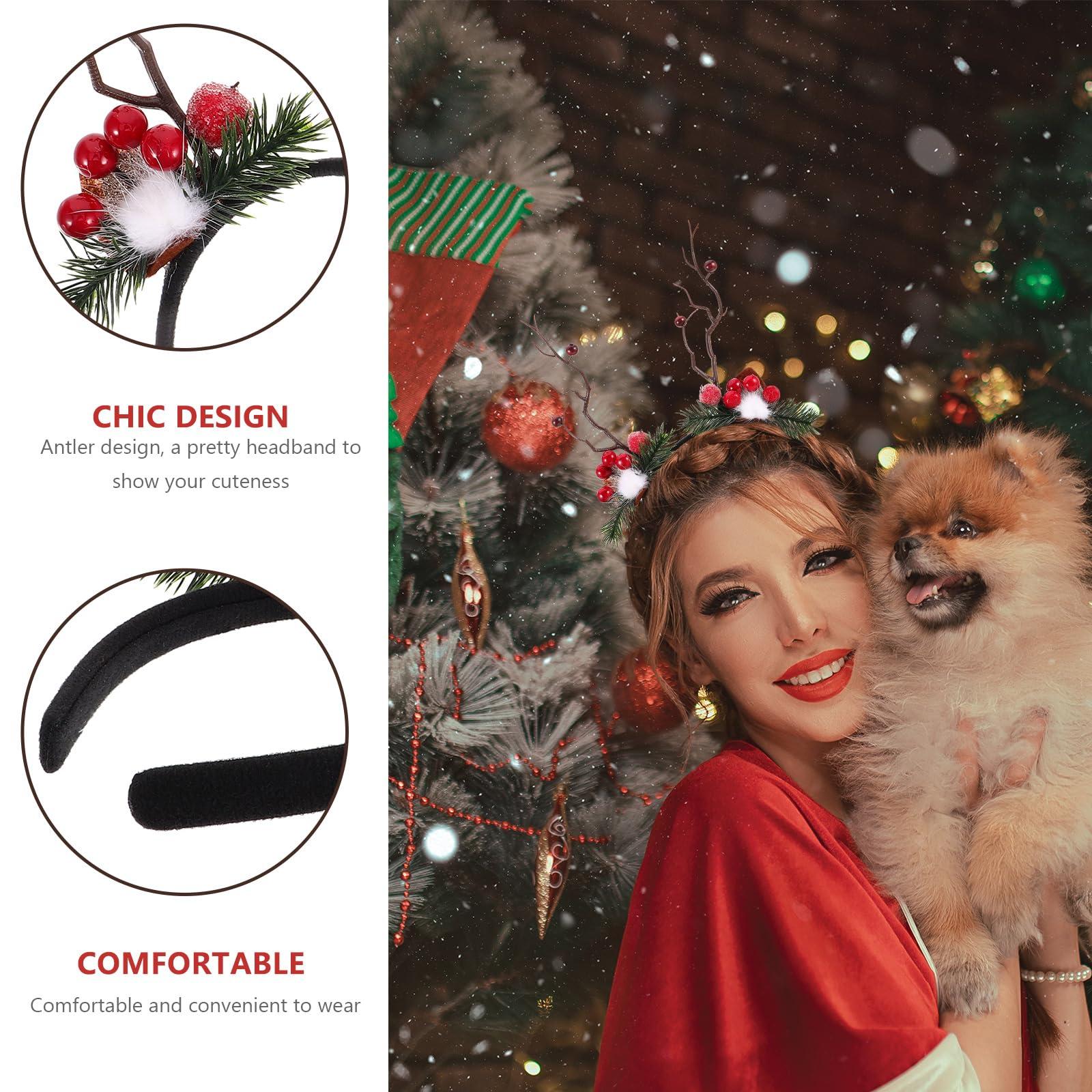 LOGOFUN LOGOFUN Christmas Antler Headband Xmas Antler Hair Band with Red Berries and Hairball Christmas Elk Horns Headdress for Women Girls Xmas Party Costume Hair Accessories