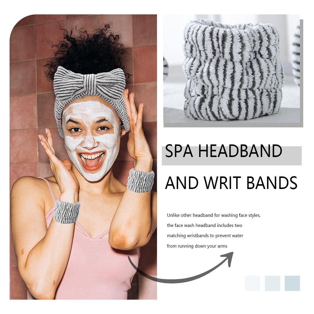 Gangel Gangel Cute Bow-Knot Spa Headband and Wrist Bands Set Fuzzy Elastic Makeup Headband Soft Coral Velvet Face Hair Band Washing Face Stripe Bow Skin Care Headbands Charcoal Facial Head Wraps for Women
