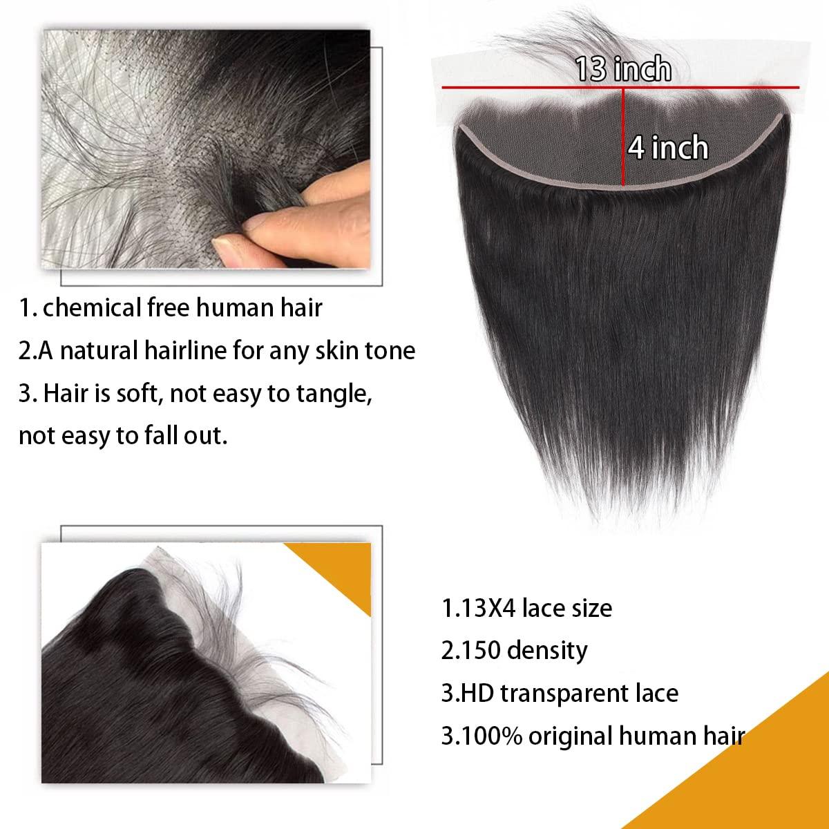 Mango girl Mango girl 13X4 Ear To Ear Lace Frontal Closure Straight Human Hair 100% Remy Brazilian Virgin Hair 150 Density HD Transparent Lace Frontal Closure Human Hair Natural Black Pre-Pulled Baby Hair (20 In